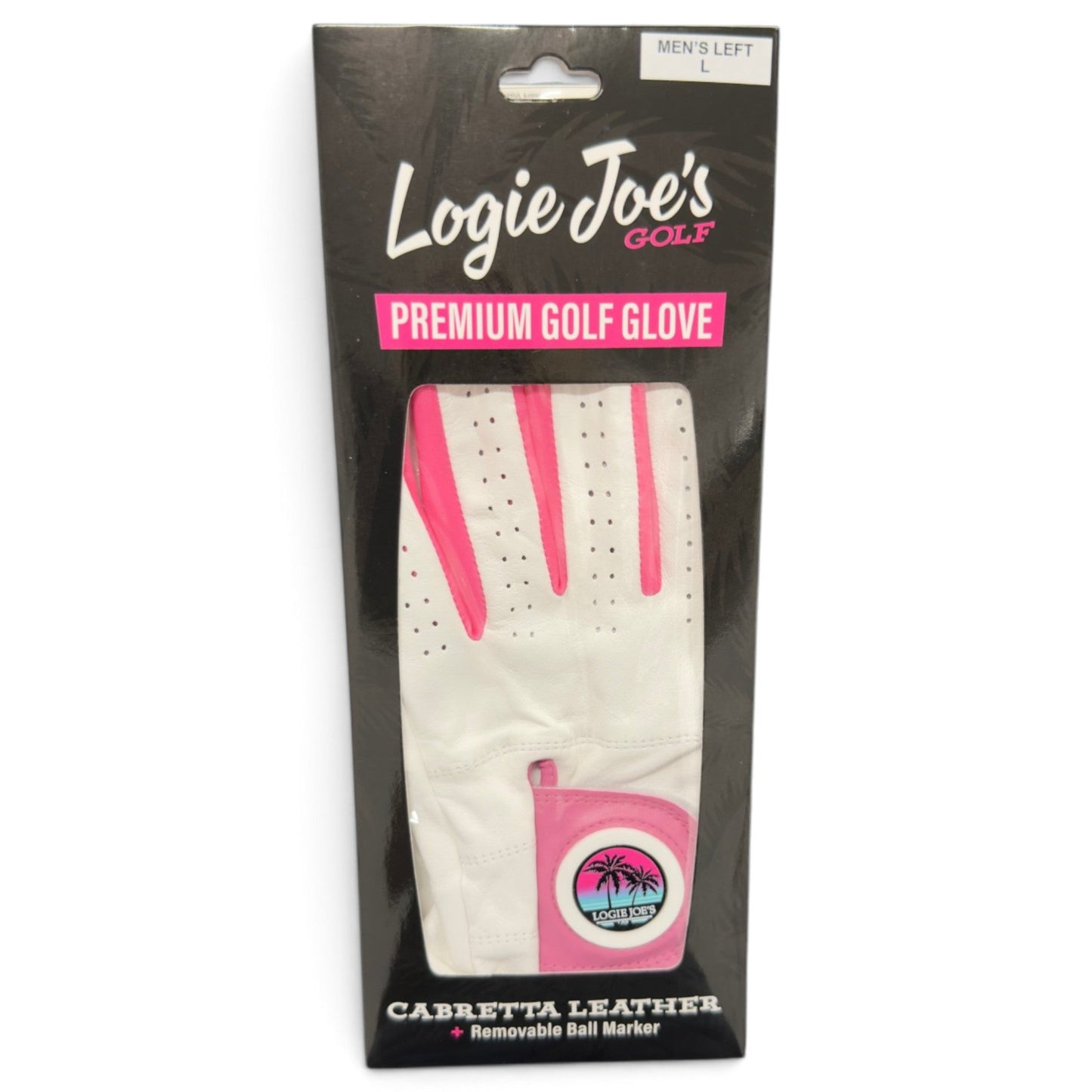 A packaged Logie Joe’s Cabretta Leather Golf Glove from Logie Joe’s Golf in Men’s Left Large, featuring pink accents. The packaging emphasizes the high-quality Cabretta leather construction and includes a magnetic ball marker adorned with a palm tree logo for added convenience.