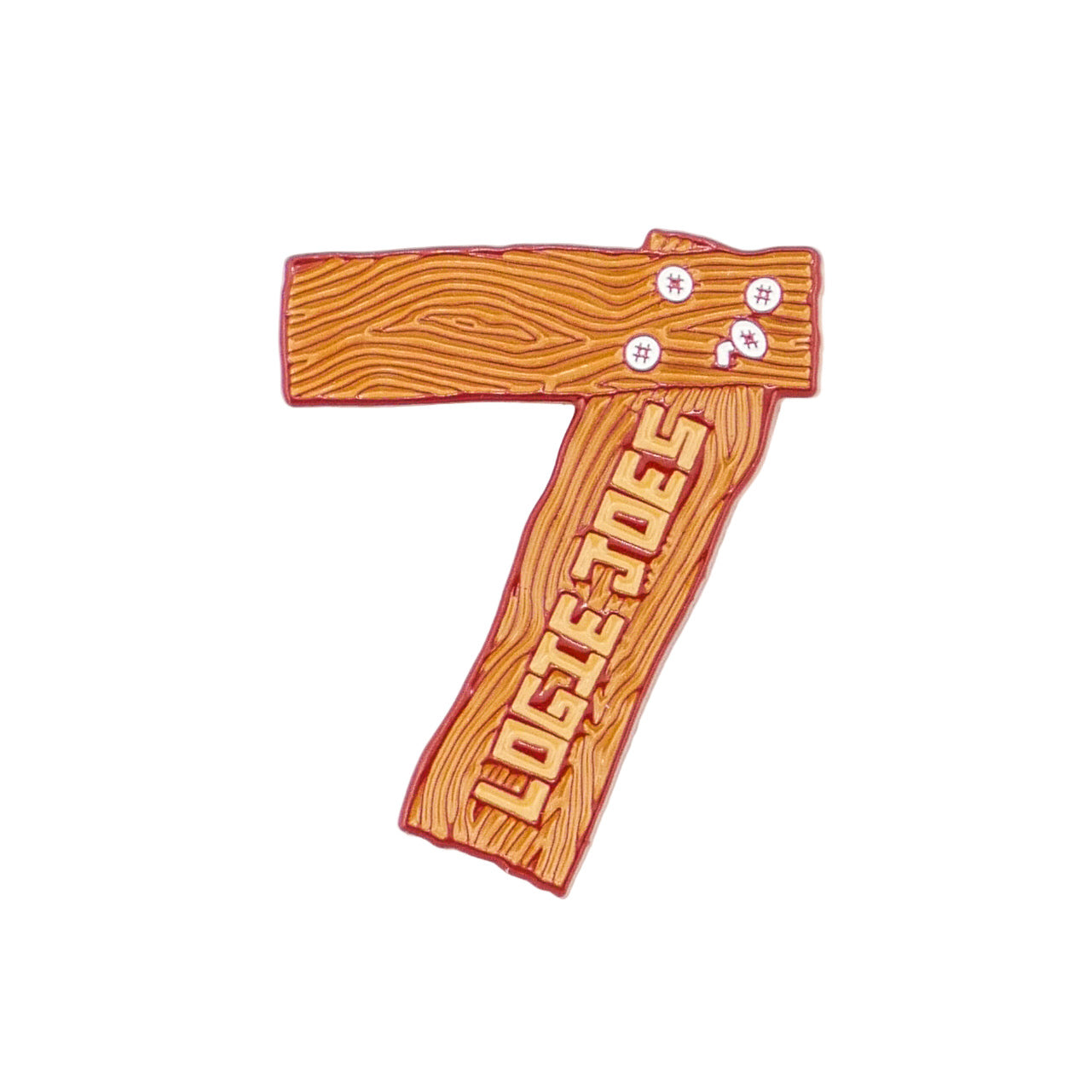The image shows the 7 Wood ball marker by Logie Joe's Golf, featuring a number 7 designed like two wood-grained pieces with nails and LOGIE JOE'S engraved—a unique premium golf accessory.