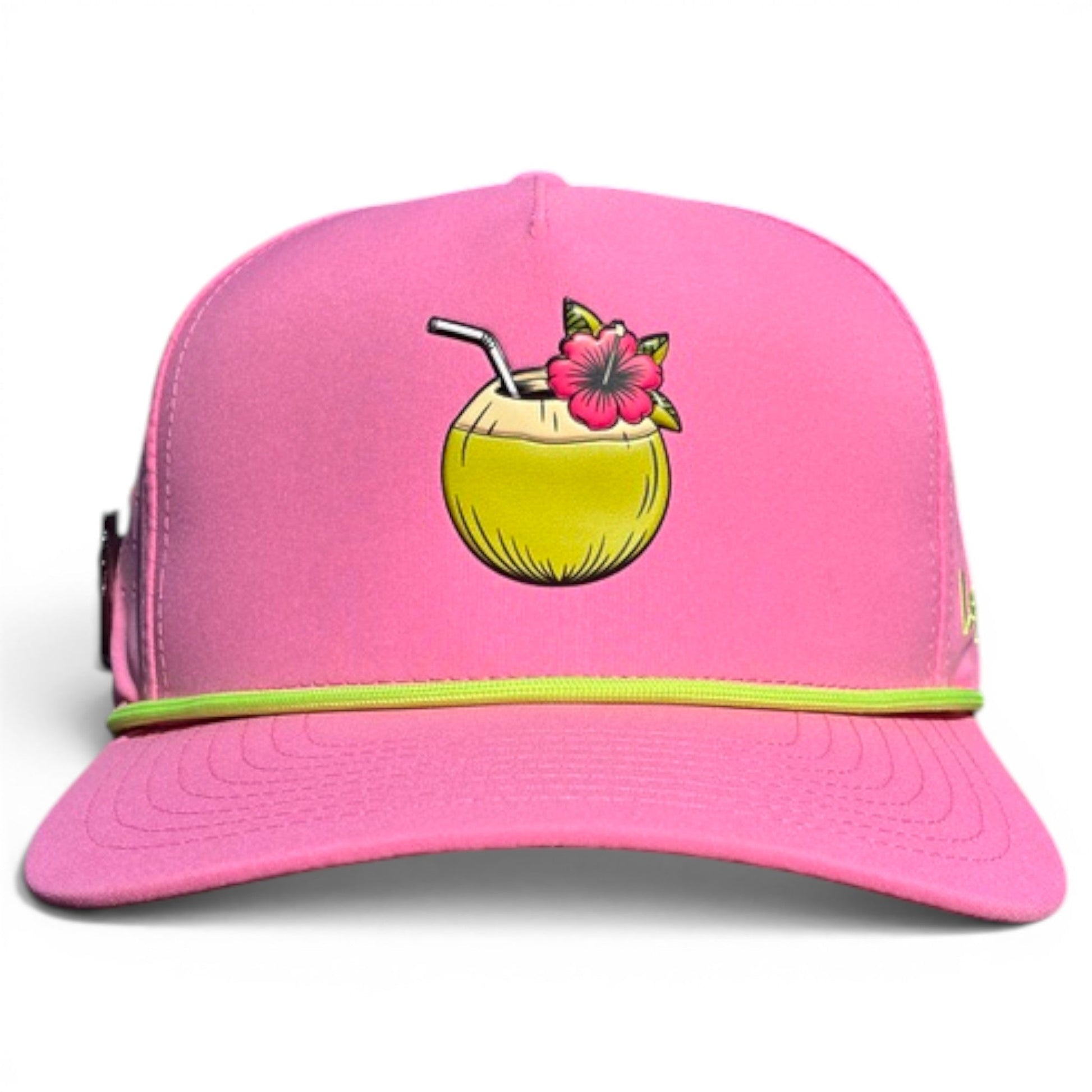 The Logie Joe's Golf Coconut Cocktail Golf Hat is a bright pink snapback cap with a yellow-green brim, coconut drink graphic, adjustable fit, and built-in magnetic ball marker holder plus marker included.