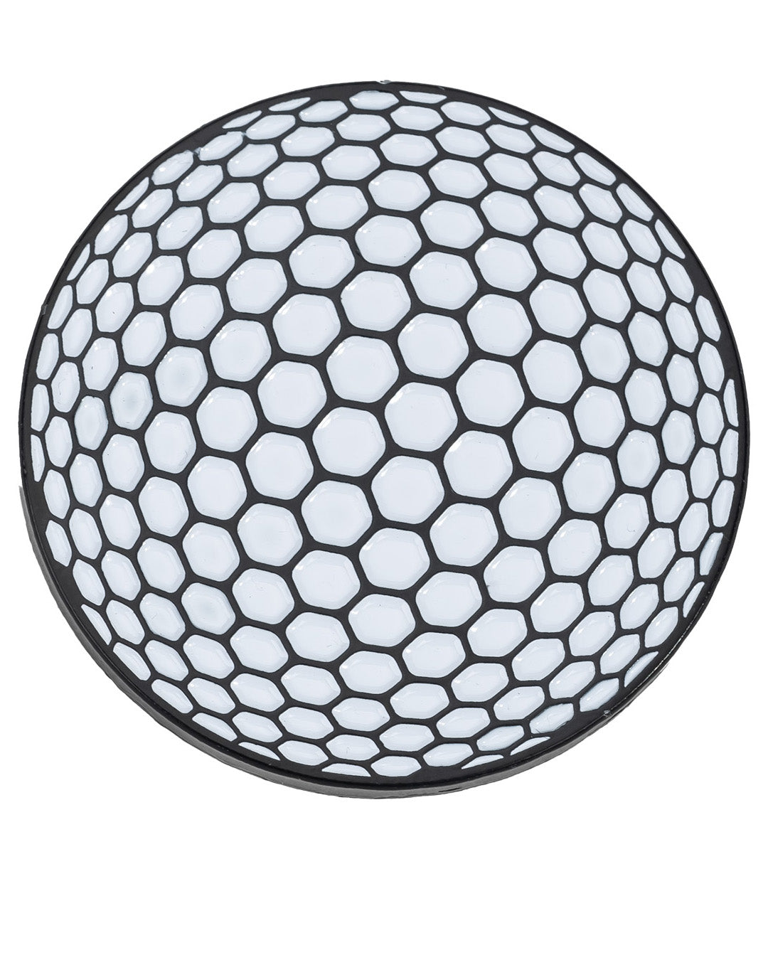The Pins and Aces Golf Ball Ball Marker features a round white enamel-finished surface and a black honeycomb grid pattern, similar to the design of high-quality magnetic ball markers.