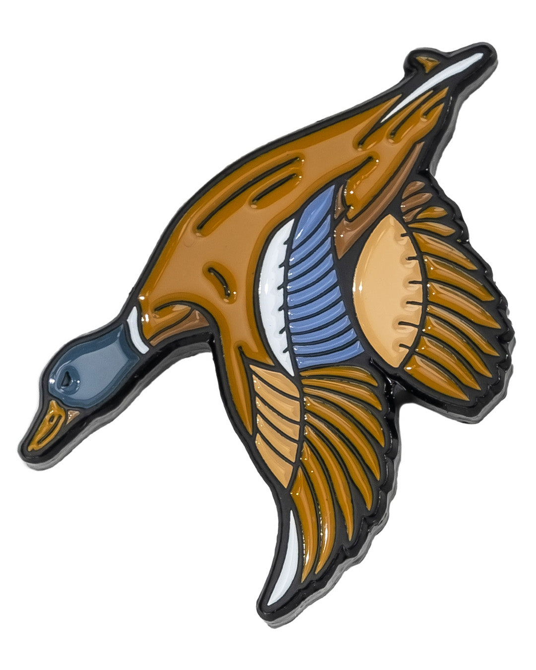The Pins and Aces Flying Mallard Ball Marker features a vibrant duck with outstretched wings in brown, orange, blue, and white enamel.