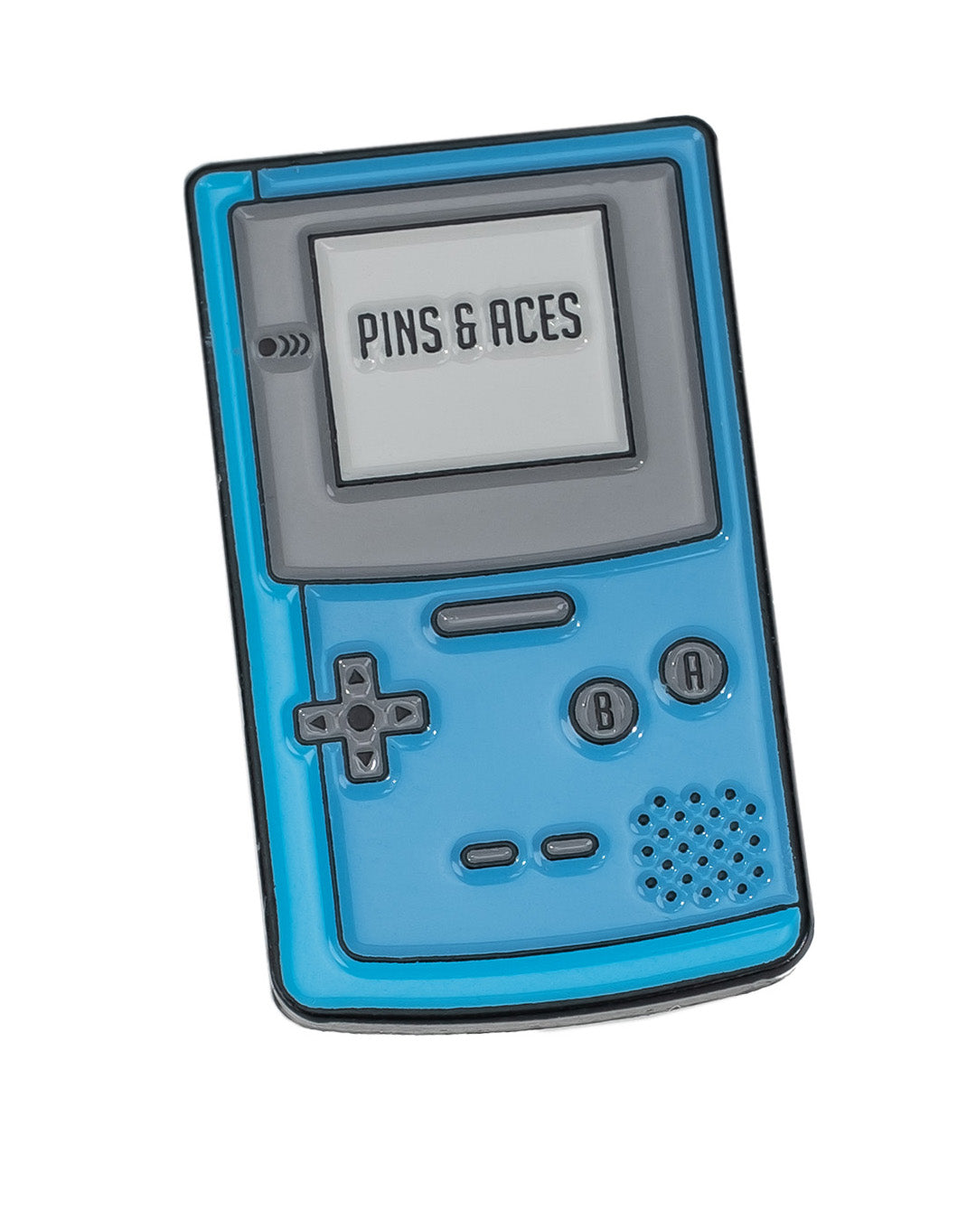 The Game Boy Ball Marker by Pins and Aces features a blue, retro-inspired design with detailed buttons and screen accents, making it a unique golf accessory or ball marker. Displayed on a white background.