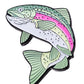 The Trout Ball Marker by Pins and Aces is a colorful enamel pin shaped like a fish, with green, pink, and white sections along its body, black-outlined fins and scales, crafted in durable enamel paint.