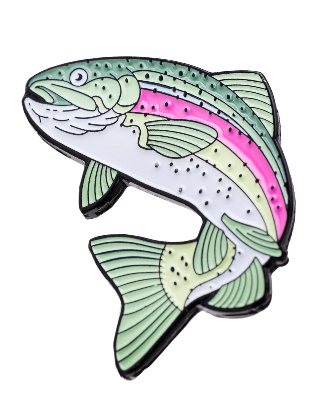 The Trout Ball Marker by Pins and Aces is a colorful enamel pin shaped like a fish, with green, pink, and white sections along its body, black-outlined fins and scales, crafted in durable enamel paint.