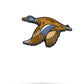 The Pins and Aces Flying Mallard Ball Marker features a colorful enamel design of a flying duck in brown, orange, blue, and white, shown on a white background with a soft shadow.