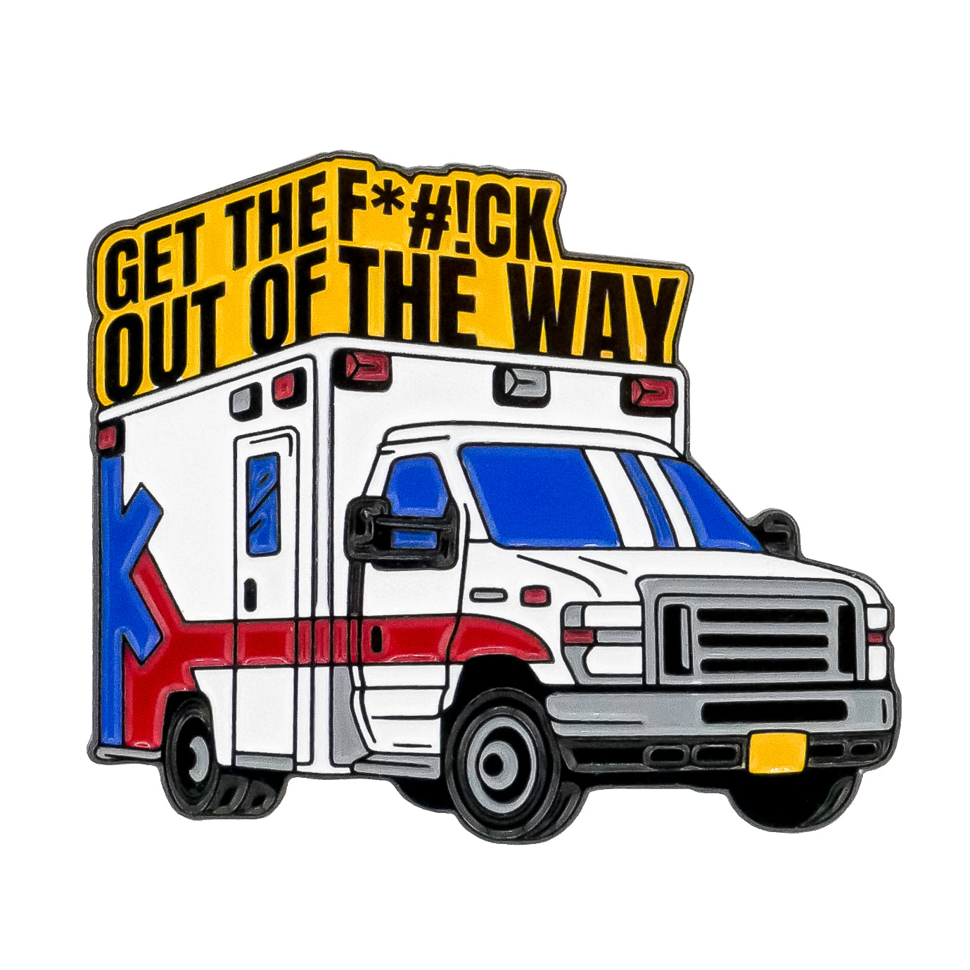 The Ballmarkers.com Ambulance Ball Marker features a cartoon-style ambulance with red and blue accents, topped by a bold yellow sign that says GET THE F*#!CK OUT OF THE WAY. Part of the First Responder Collection.