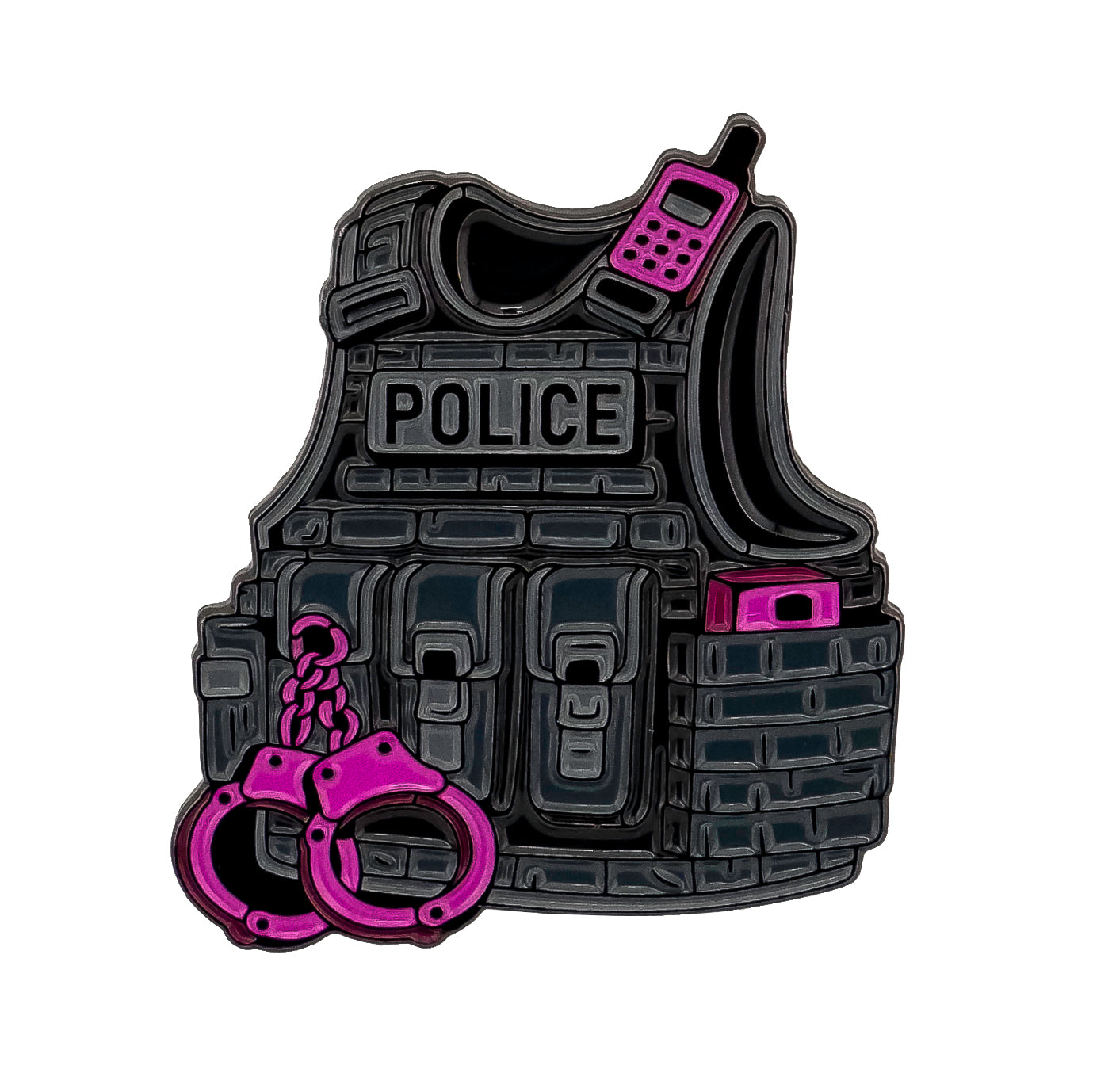 The Ballmarkers.com Bullet Proof Vests Ball Marker features a black police tactical vest with "POLICE," pouches, pink handcuffs, a pink radio, and a unique first responder ball marker attached.