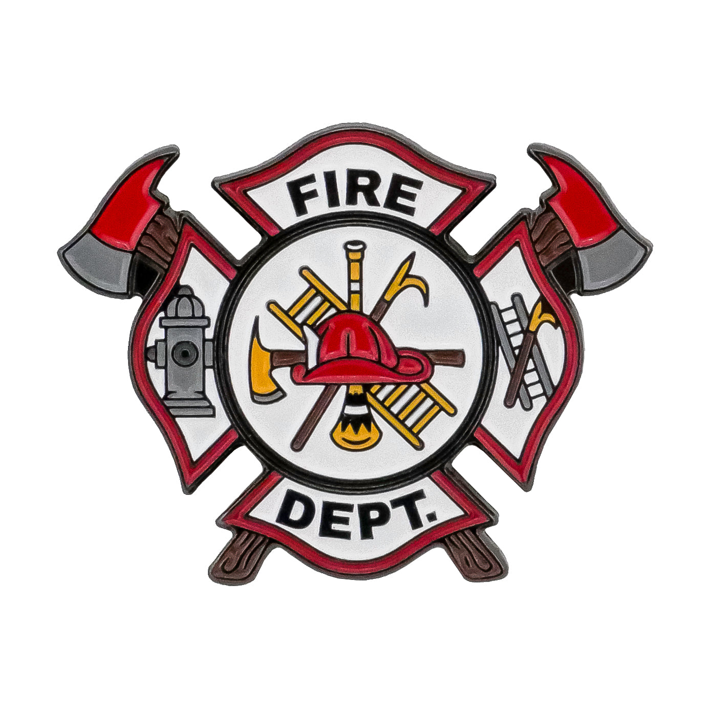 The Fire Department Maltese Cross Ball Marker by Ballmarkers.com features two red axes and a FIRE DEPT badge, with a fire helmet, hydrant, ladder, pike pole, and hose nozzle crossed in the background—perfect for first responders.