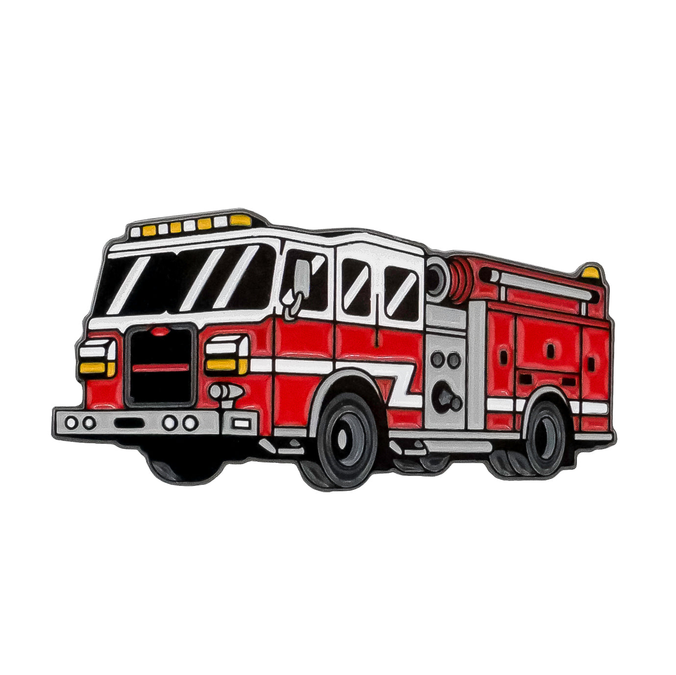 The Fire Truck Ball Marker by Ballmarkers.com features a red fire truck with black and white details, yellow lights, and hoses—making it a unique firefighter golf accessory. Shown on a white background.