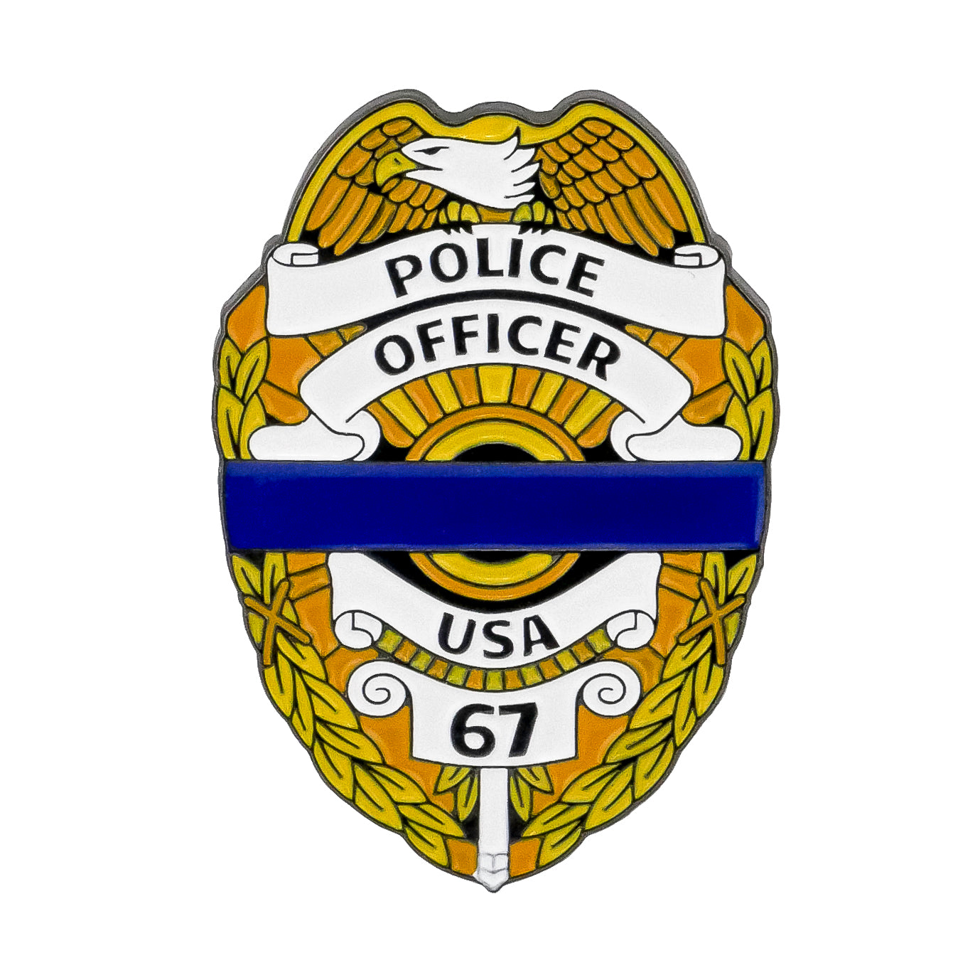The Police Officer Badge Ball Marker by Ballmarkers.com features a gold badge with “POLICE OFFICER USA 67” and a blue center line—an ideal golf marker or first responder ball marker for your next round.