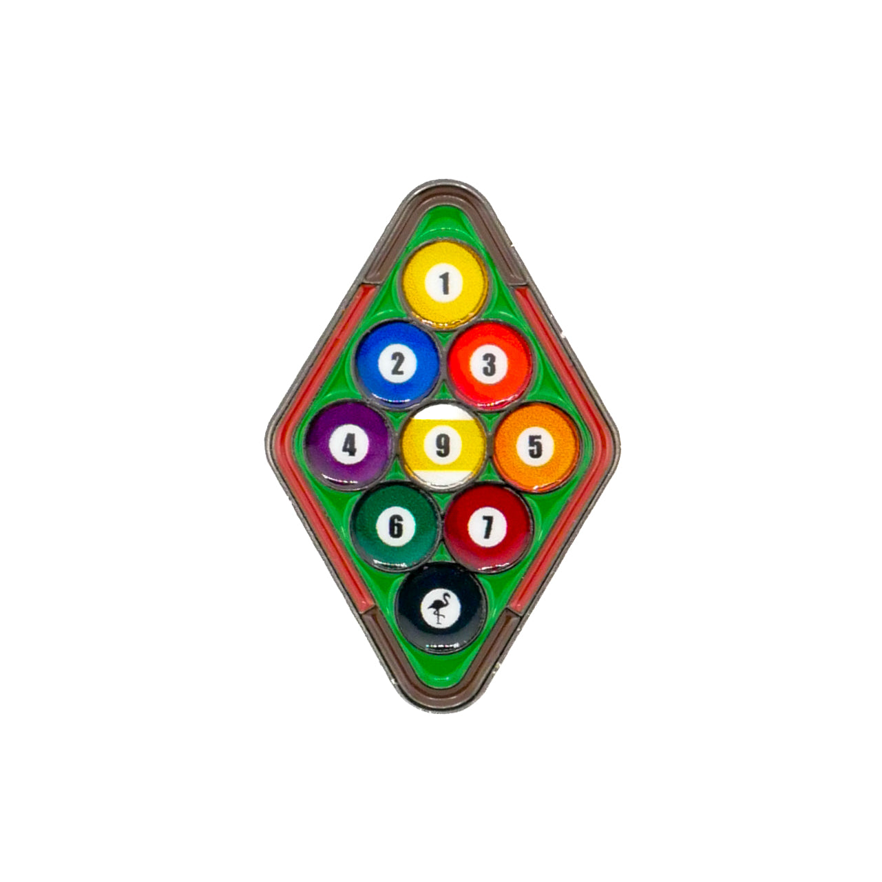 The Logie Joe's Golf 9-Ball Pool Rack Ball Marker features nine colorful balls in a diamond shape, numbered 1 to 9, on a white background—an ideal humorous gift or premium accessory for golf enthusiasts.