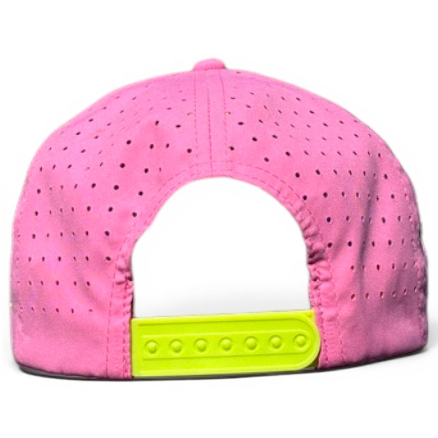 The Logie Joe's Golf Coconut Cocktail Golf Hat is a pink snapback cap with bright yellow adjustable closure, built-in magnetic ball marker holder, and included marker—perfect for golfers seeking style and convenience.