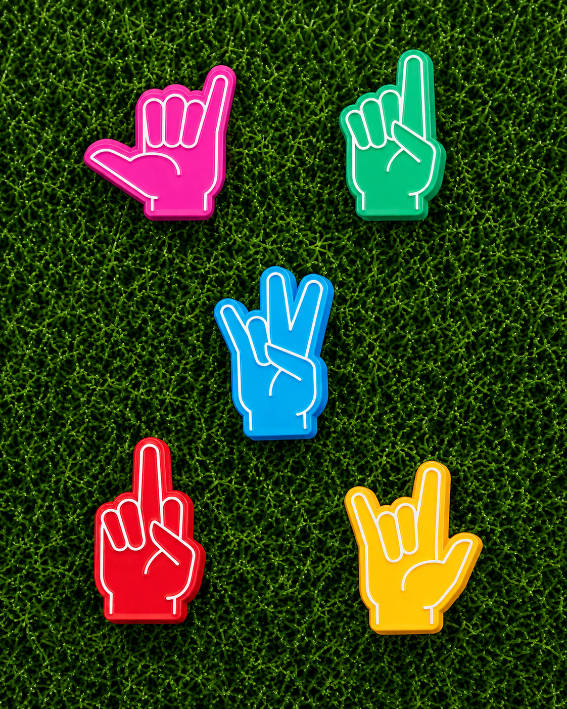 The Foam Finger Ball Marker Bundle by Ballmarkers.com features five vibrant, hand-shaped markers with unique gestures on green grass—fun, playful accessories that add a unique touch to any golf game.