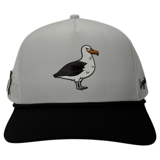 Logie Joe’s Golf Albatross Golf Hat features a cartoon bird, black brim, adjustable snapback, and includes a magnetic ball marker holder with marker—bringing playful style and convenience to your golf game.