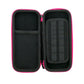 The Ballmarkers.com Accessory Case is a black zippered case with pink trim, featuring a mesh pocket for golf accessories and elastic slots for ball markers or game cards.