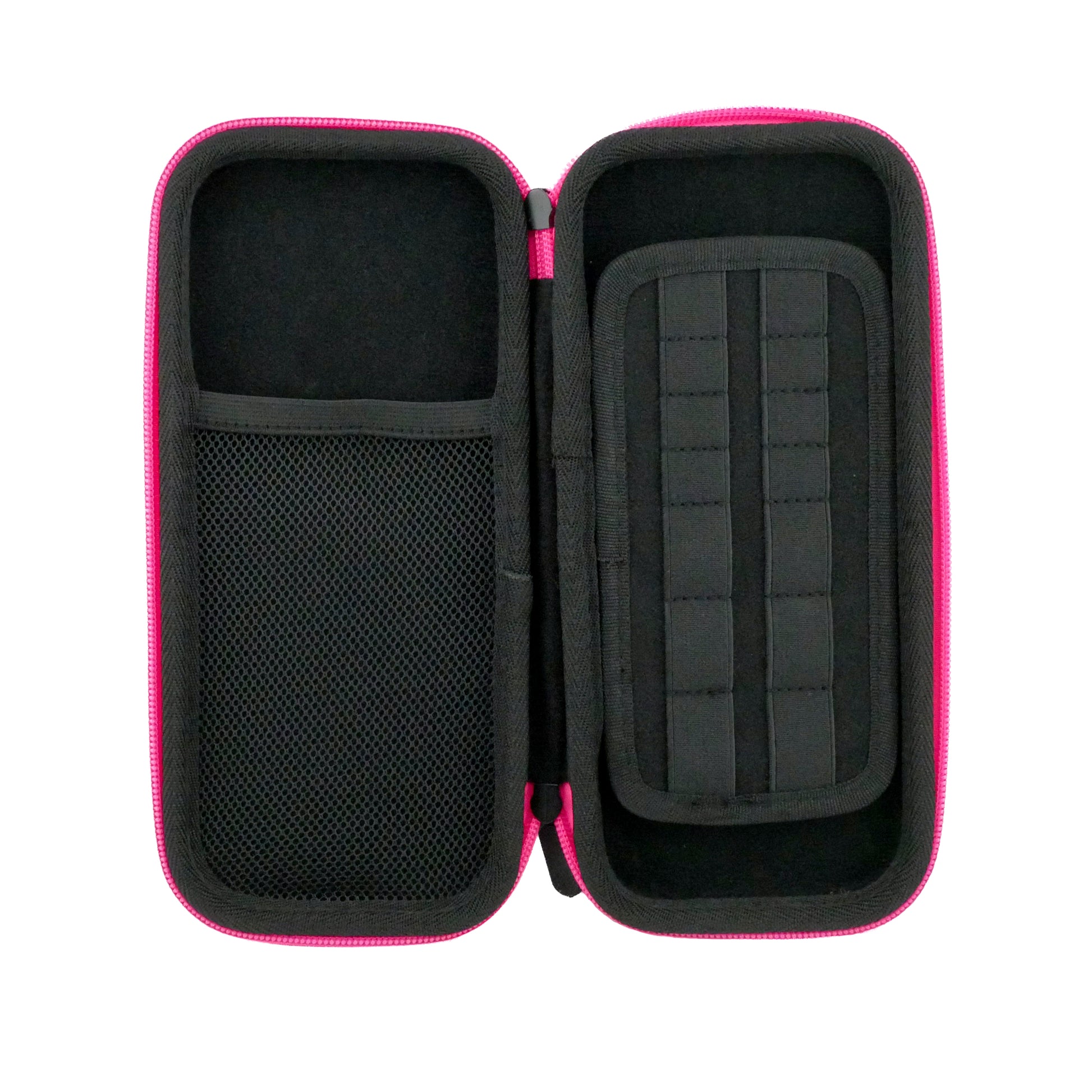 The Ballmarkers.com Accessory Case is a black zippered case with pink trim, featuring a mesh pocket for golf accessories and elastic slots for ball markers or game cards.