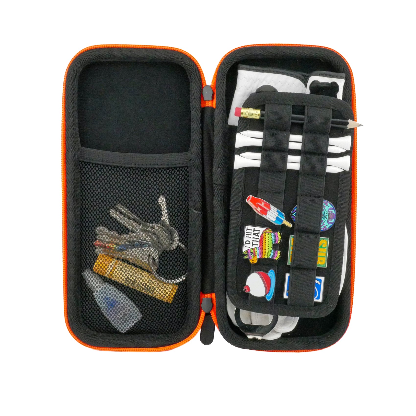 The Ballmarkers.com Accessory Case is an open black and orange zippered case featuring a mesh pocket with keys, a tube, golf ball markers, and a dropper on the left, plus stationery items, stickers, and a pencil secured by elastic bands on the right.