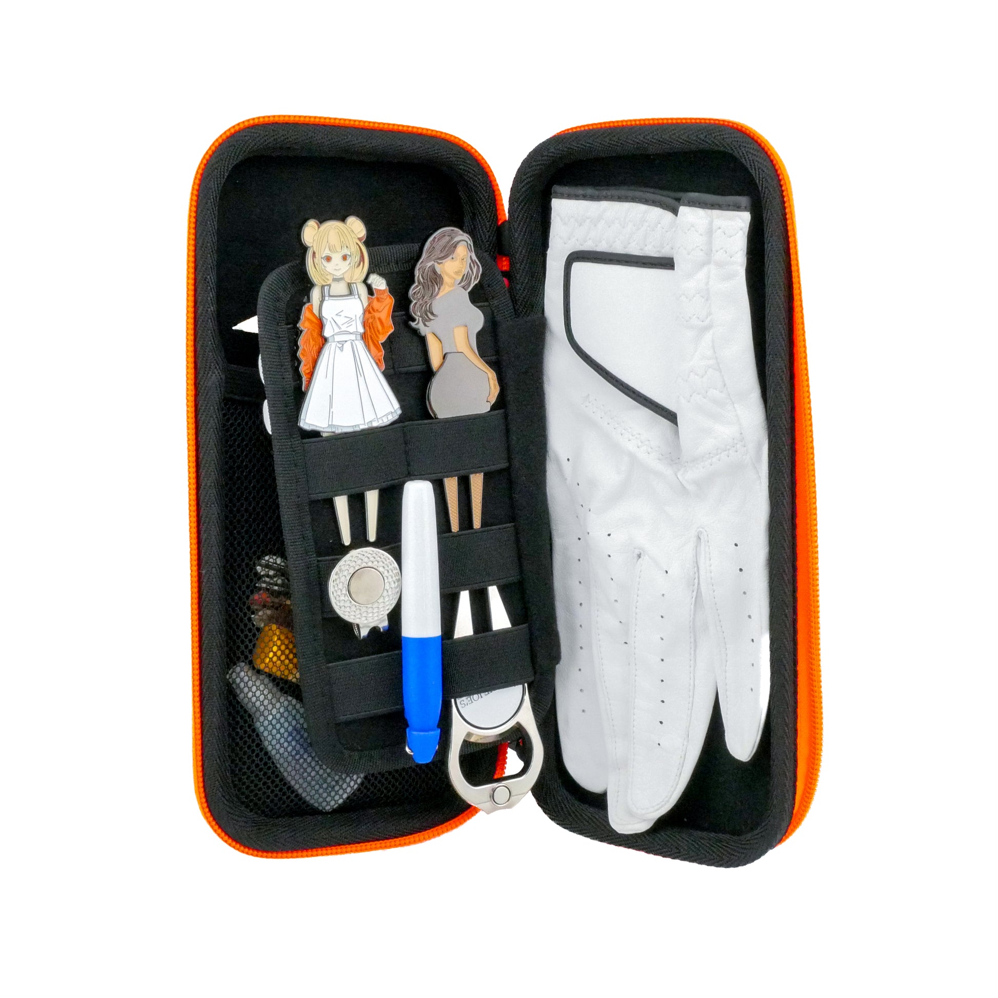 The Ballmarkers.com Accessory Case is an open orange and black case with a white golf glove, two girl-shaped golf tees, golf ball markers, a blue and white pen, and divot tools.