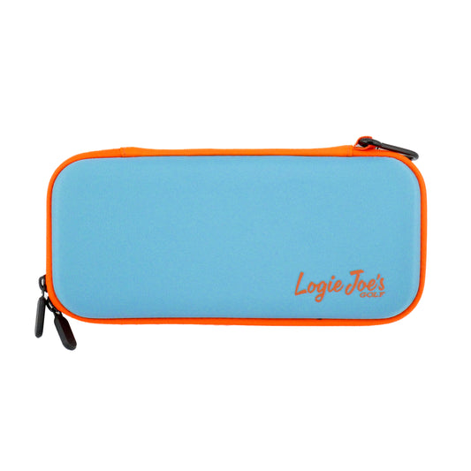 The Logie Joe's Golf Accessory Case by Logie Joe's Golf is a rectangular light blue case with orange trim, black zipper pulls, rounded edges, and 