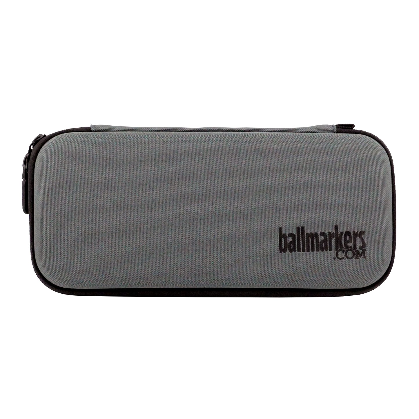 The Ballmarkers.com Accessory Case 3.0 is a rectangular gray zippered golf organizer with black trim and the Ballmarkers.com logo printed in black on the front lower right corner.