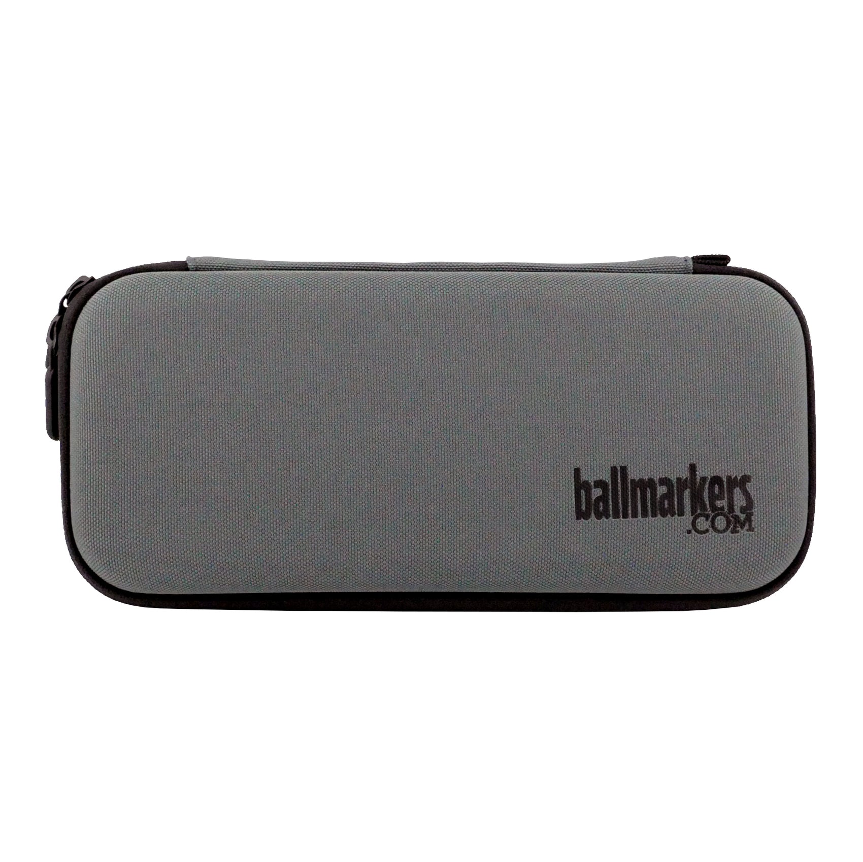 The Ballmarkers.com Accessory Case 3.0 is a rectangular gray zippered golf organizer with black trim and the Ballmarkers.com logo printed in black on the front lower right corner.