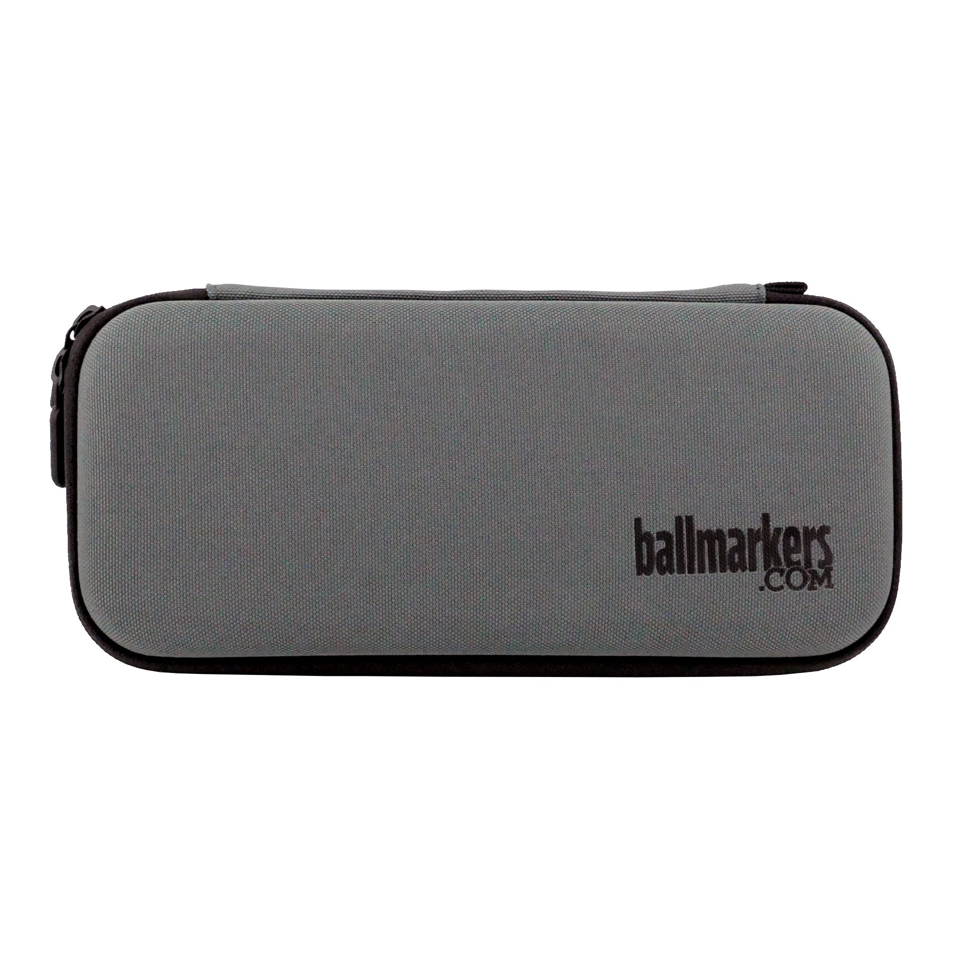 The Ballmarkers.com Accessory Case 3.0 is a rectangular gray zippered golf organizer with black trim and the Ballmarkers.com logo printed in black on the front lower right corner.