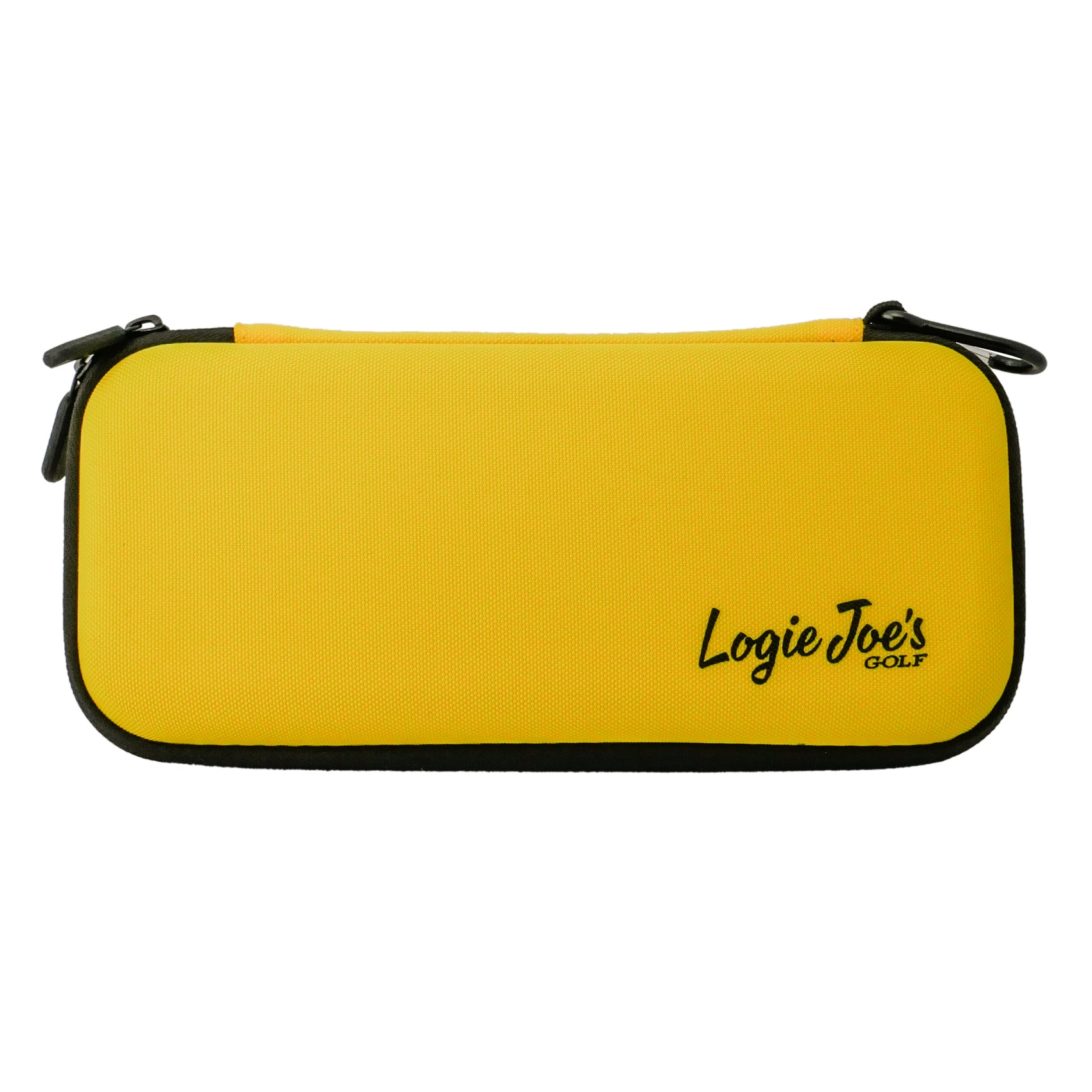 The Logie Joe's Golf Accessory Case 3.0 is a bright yellow rectangular zippered case with black trim, two black zipper pulls, and the Logie Joe's Golf logo on the lower right—ideal for storing your golf accessories.