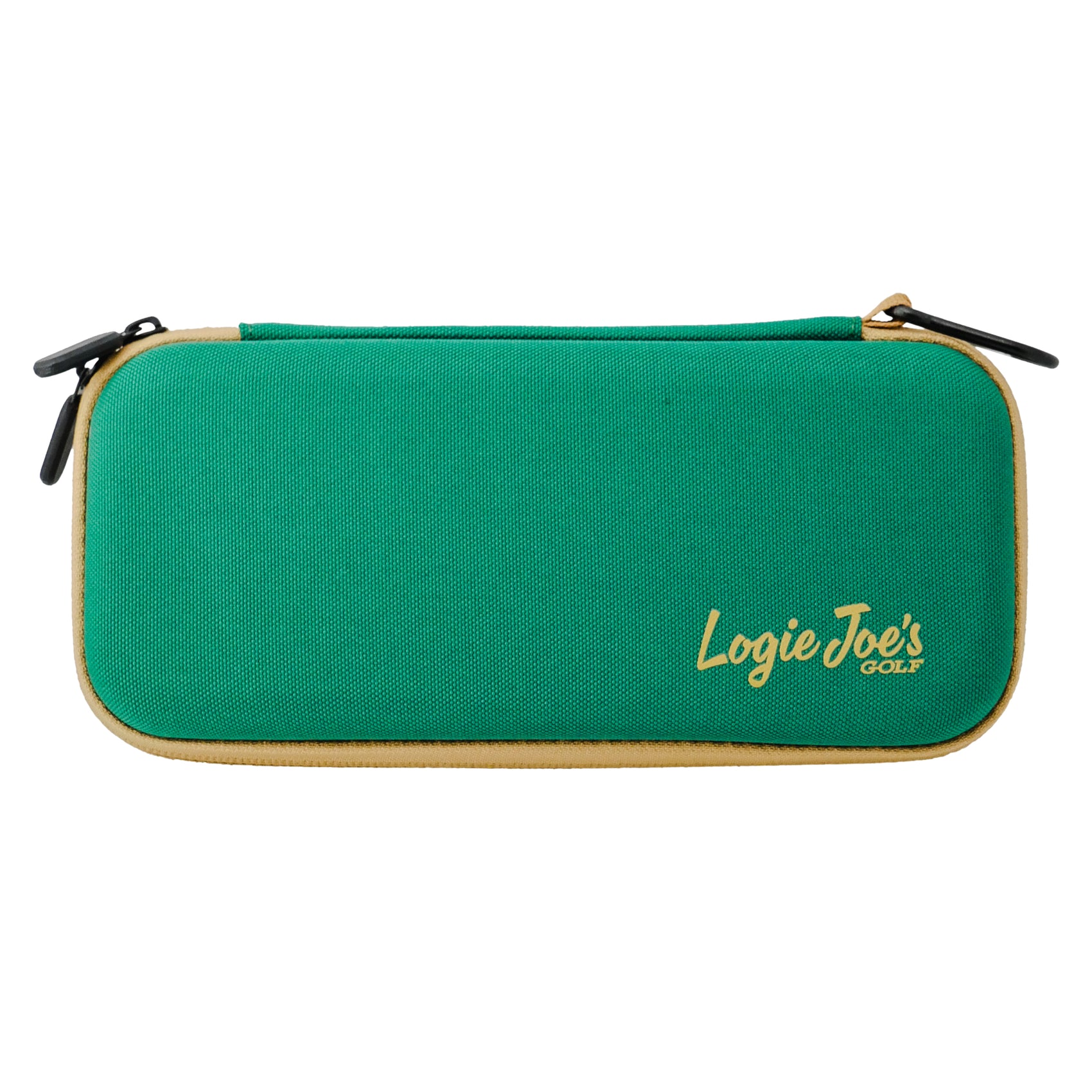 The Logie Joe's Golf Accessory Case 3.0 by Logie Joe's Golf is a rectangular green pouch with tan edges, yellow "Logie Joes Golf" text, and black zipper pulls—ideal for ball markers or golf accessories storage.