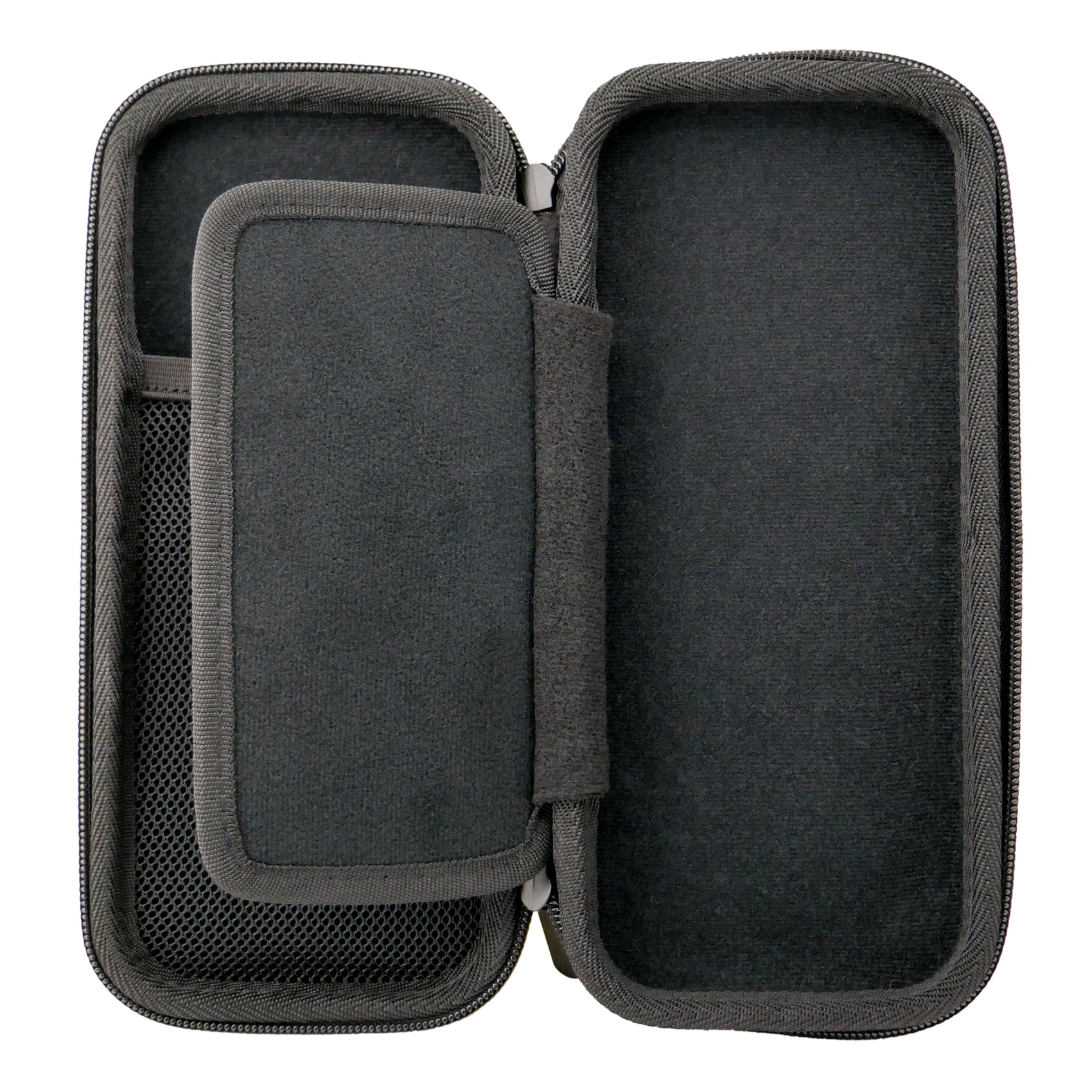 The Logie Joe's Golf Accessory Case 3.0 by Logie Joe's Golf is an open, black zippered case with a soft interior, left mesh pocket, central divider flap, and spacious right compartment—perfect for golf accessories like ball markers or divot tools.