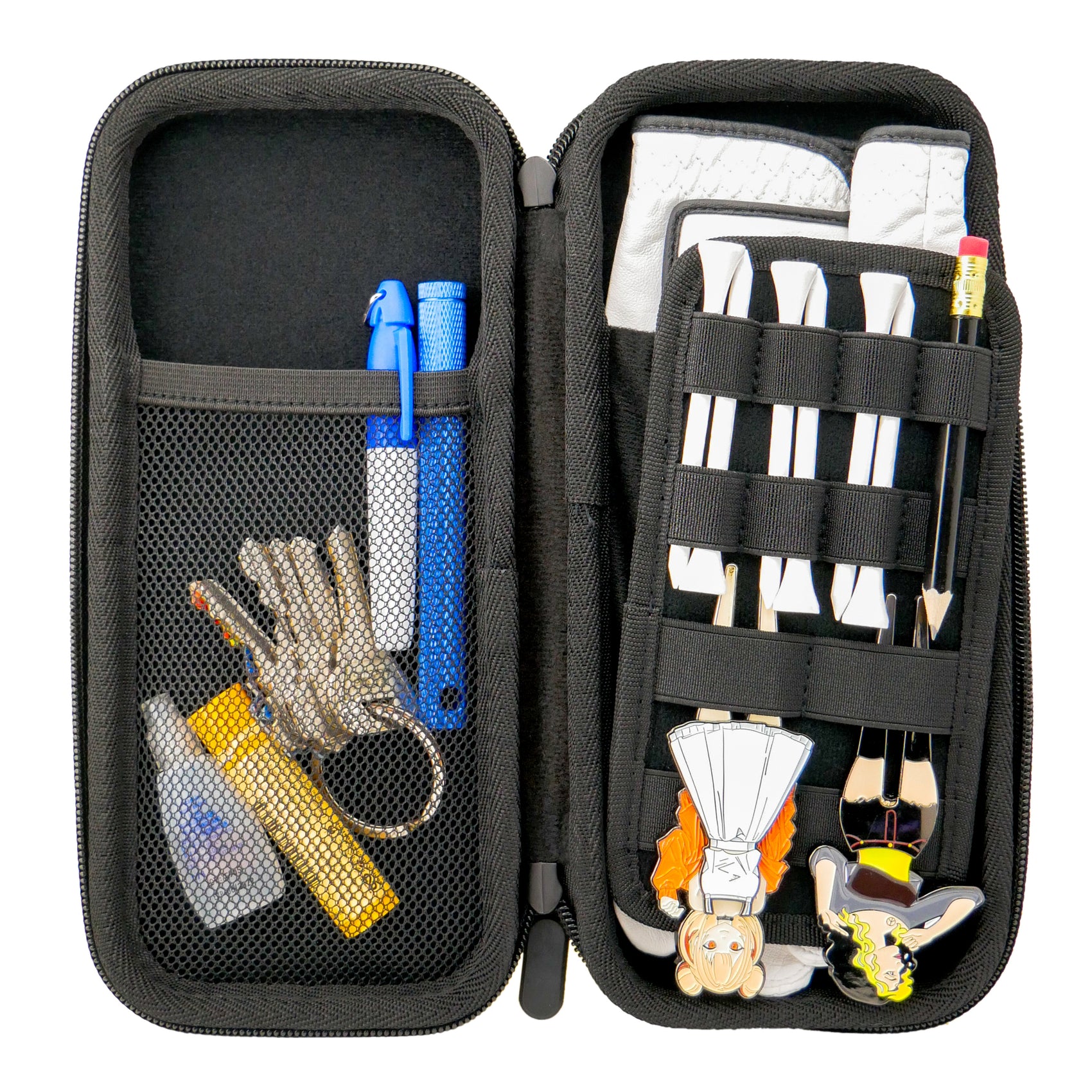 Logie Joe's Golf Accessory Case 3.0 by Logie Joe's Golf features mesh pockets for markers, keys, bottle, and flashlight on the left—great for golf storage—and slots for darts with flights and two enamel pins on the right.