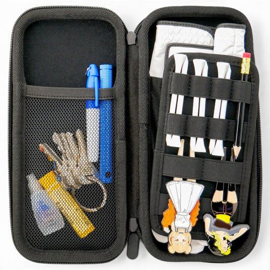Keep your golf essentials neatly organized with the Logie Joe’s Golf Black/Pink Golf Accessory Case. This zippered organizer features a mesh pocket on the left side for storing pens, cords, sanitizer, and lip balm, while the right side provides space for your glove, golf tees, pencil, and two fun golf bag tags shaped like cartoon characters in white and yellow outfits. Designed as a hard shell travel case for small accessories like ball markers, tees, divot tools, and gloves—this portable storage solution