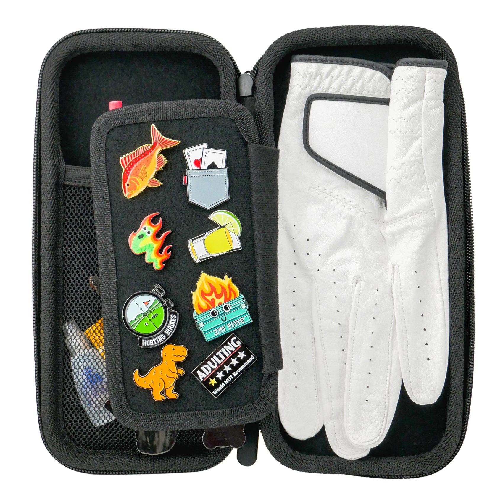 Logie Joe's Golf Accessory Case 3.0 by Logie Joe's Golf is a black zippered case with white golf gloves and a mesh pocket holding colorful pins—fish, dinosaur, fire, cocktail, and car with flames designs.