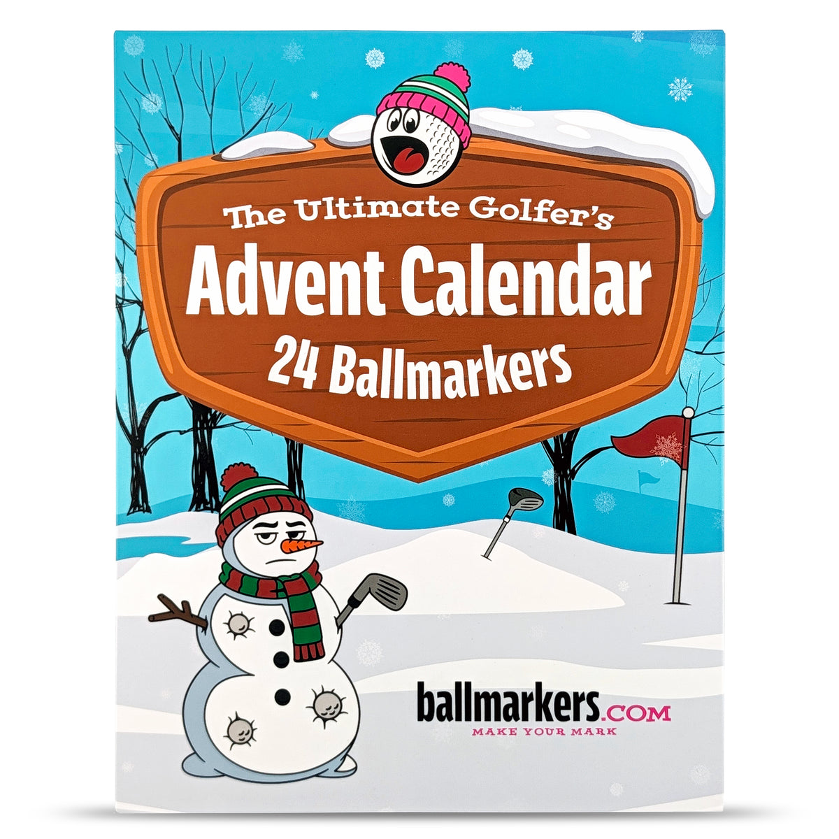 Celebrate the season with The Ultimate Golfers Ballmarkers Advent Calendar from Ballmarkers.com. This festive advent calendar features 24 premium golf ball markers, beautifully presented in a box adorned with “Ballmarkers” on an elegant wooden sign. The charming snowy winter scene includes a snowman dressed in golf attire holding a club, a golf hole with flag, and the Ballmarkers.com logo at the bottom—making it the perfect gift for every golfer.