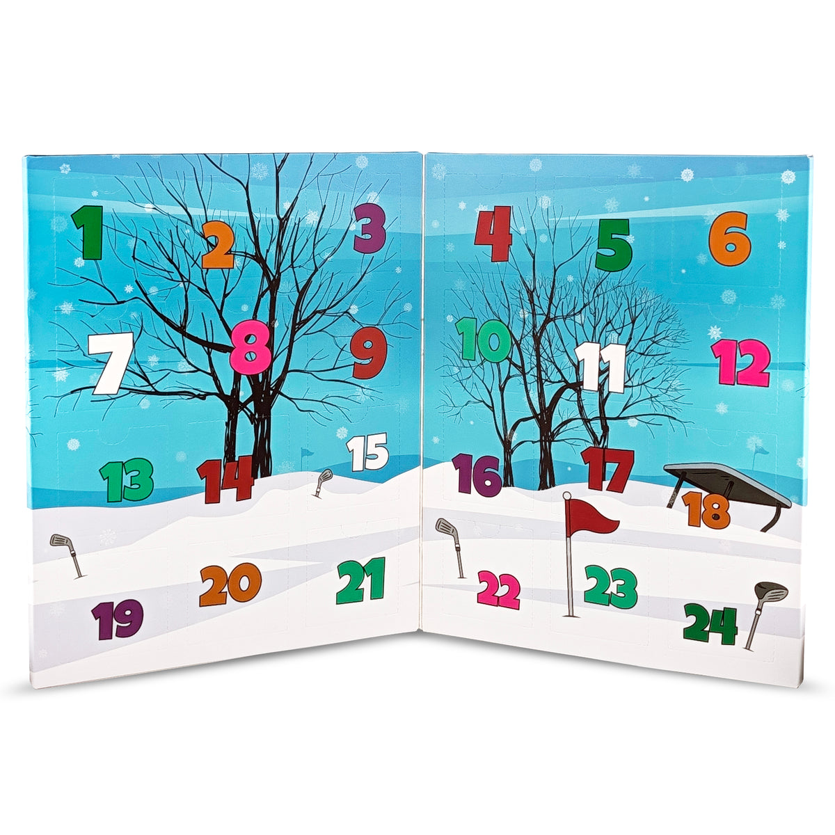 Introducing The Ultimate Golfers Ballmarkers Advent Calendar by Ballmarkers.com—a festive Advent Calendar featuring colorful numbered doors set against a snowy winter backdrop with bare trees, a bench, and a red flag. Perfect for golf enthusiasts, this calendar reveals premium ball markers from Ballmarkers.com behind each door.