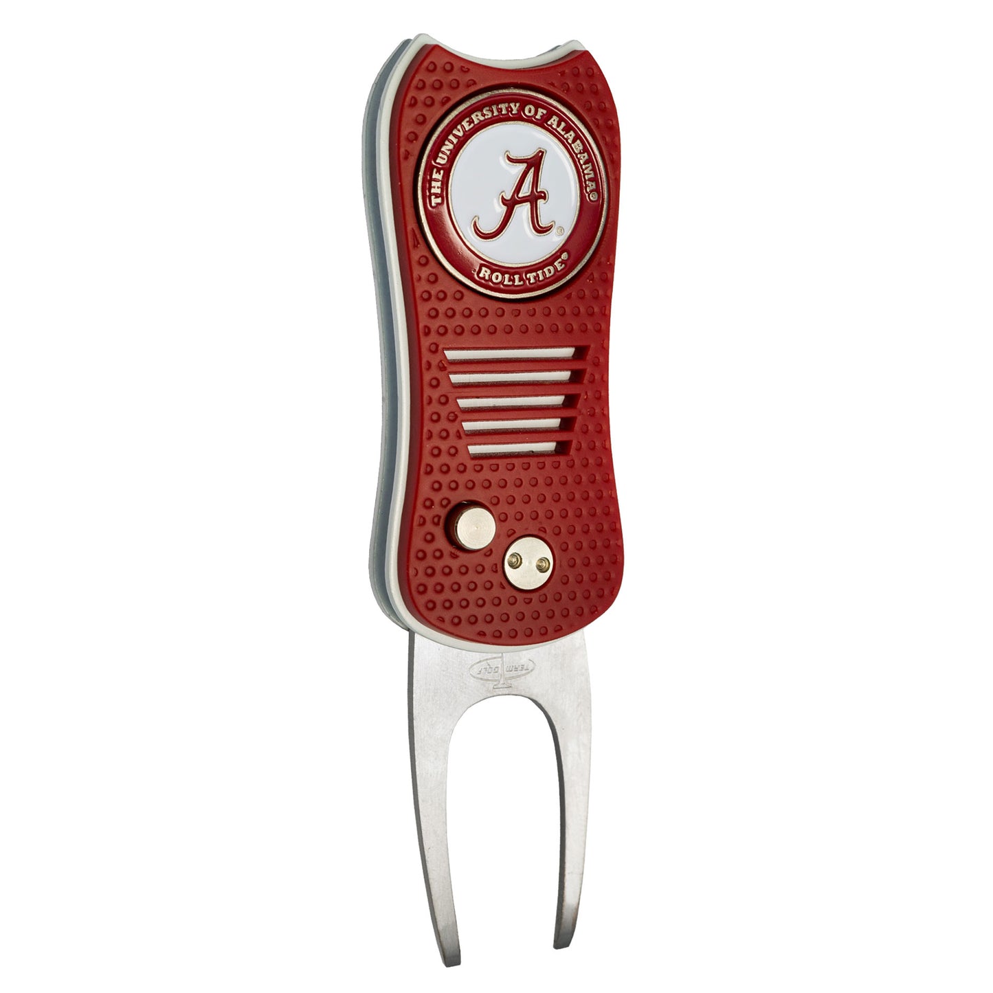 The Switchfix ACC College Switchfix Divot Tool with Ball Marker features the University of Alabama logo, "ROLL TIDE" emblem, textured grip handle, switchblade mechanism, and two metal prongs for convenience.