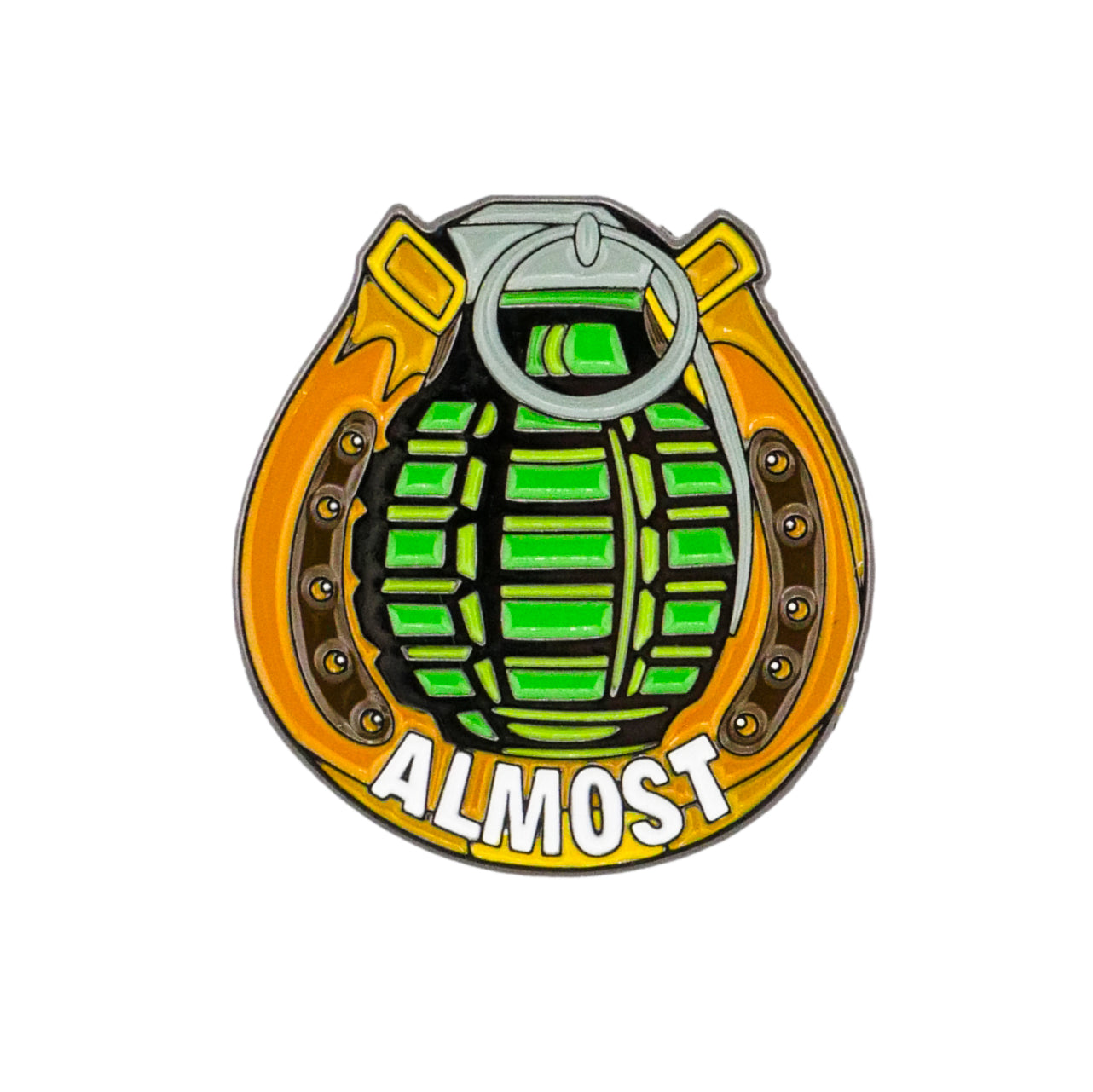 The Almost Only Counts Ball Marker by Ballmarkers.com features a green hand grenade inside a gold horseshoe with "ALMOST" at the bottom—a standout, unique accessory for any golfer.