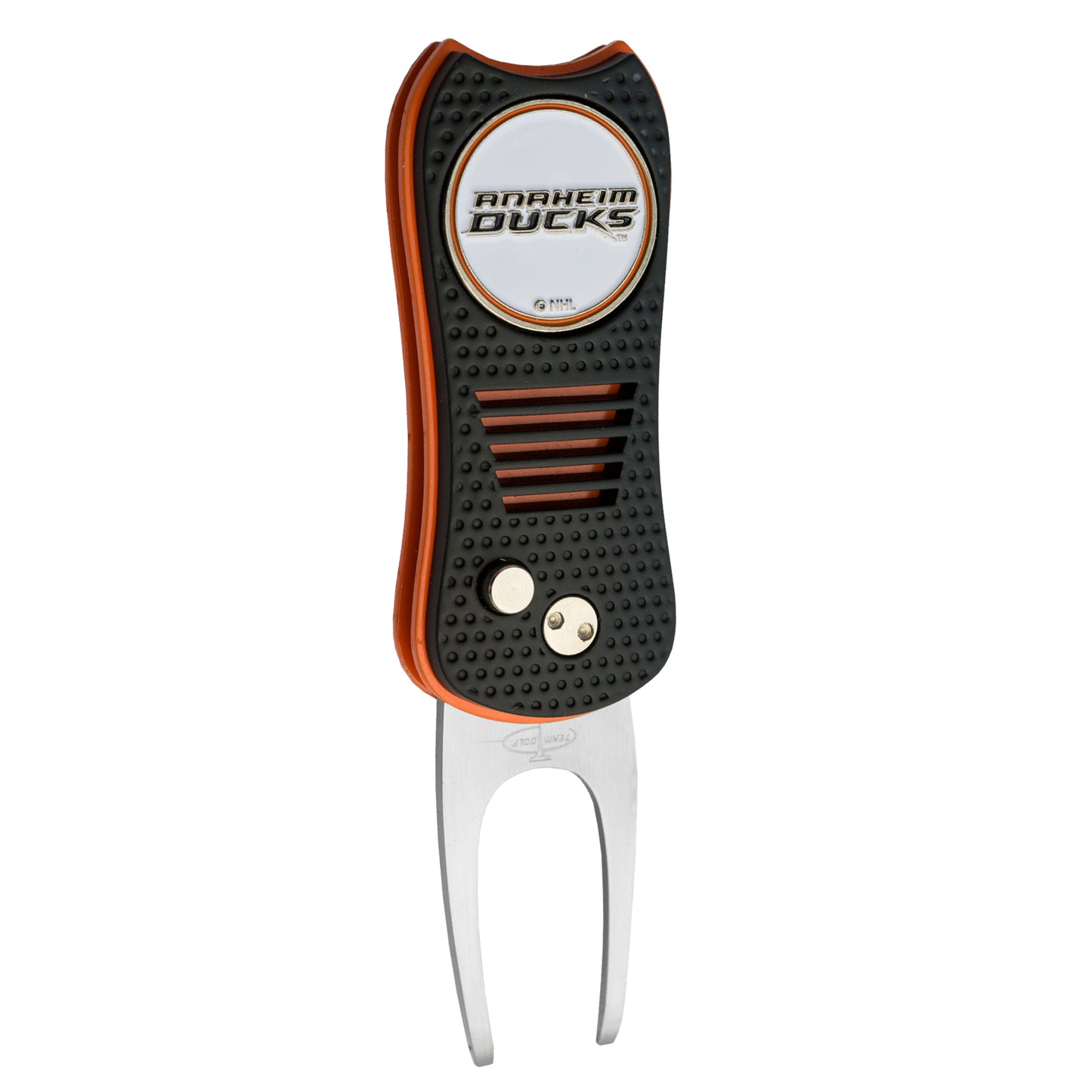 The Ballmarkers.com NHL Switchfix Divot Tool with Ball Marker is black and orange, featuring a round Anaheim Ducks logo, two metal prongs, and a convenient magnetic ball marker.