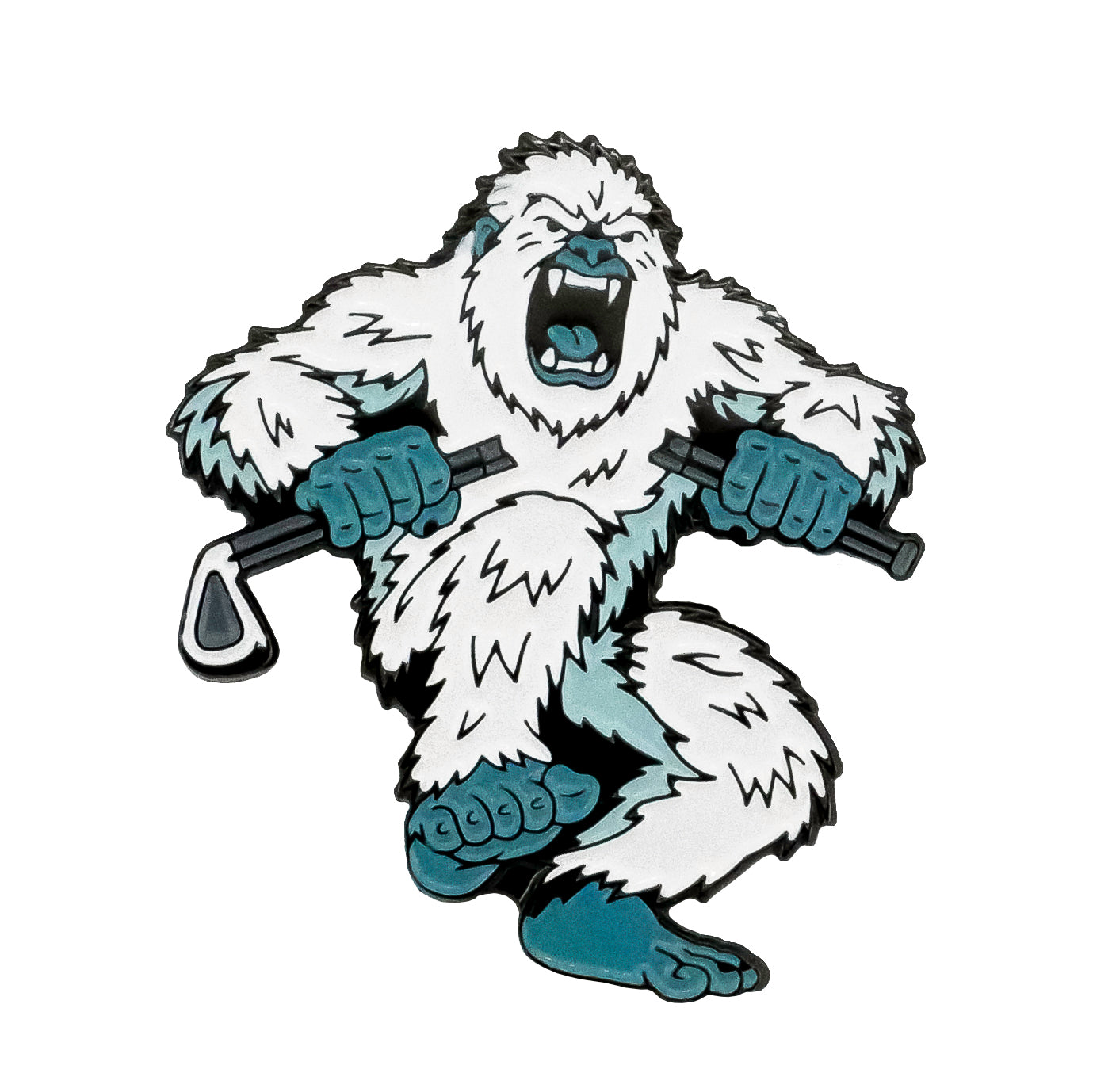 The Yeti Angry Ball Marker by Ballmarkers.com features a cartoon white yeti with blue accents, roaring and holding a bent golf club—ideal for golfers seeking a bold, fun marker on the green.