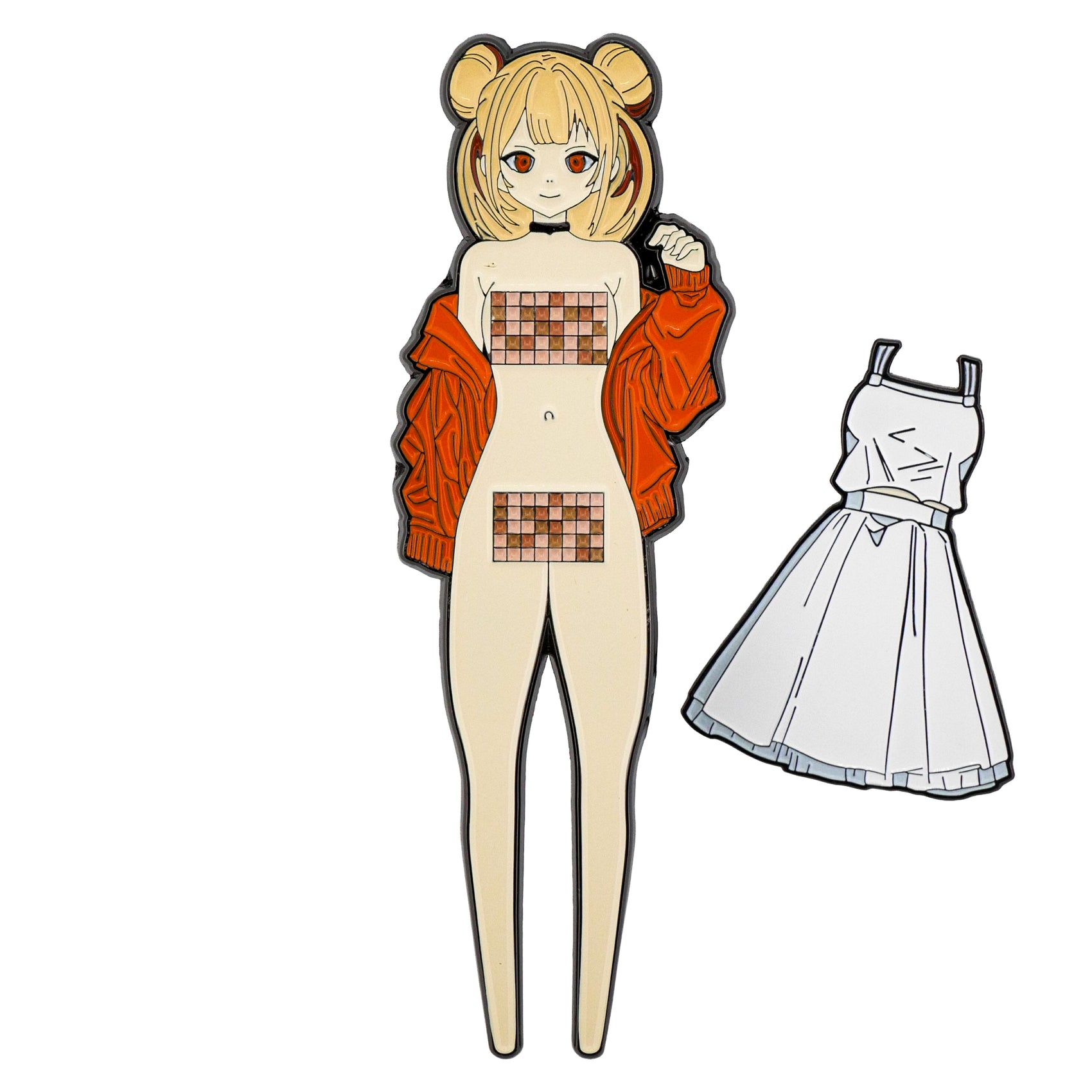 Logie Joe's Golf Japanese Anime Girl Divot Tool set features a paper doll with animal ear hair buns in an orange jacket, plus a separate white dress and unique golf accessories like a ball marker and divot tool for customizing your doll.