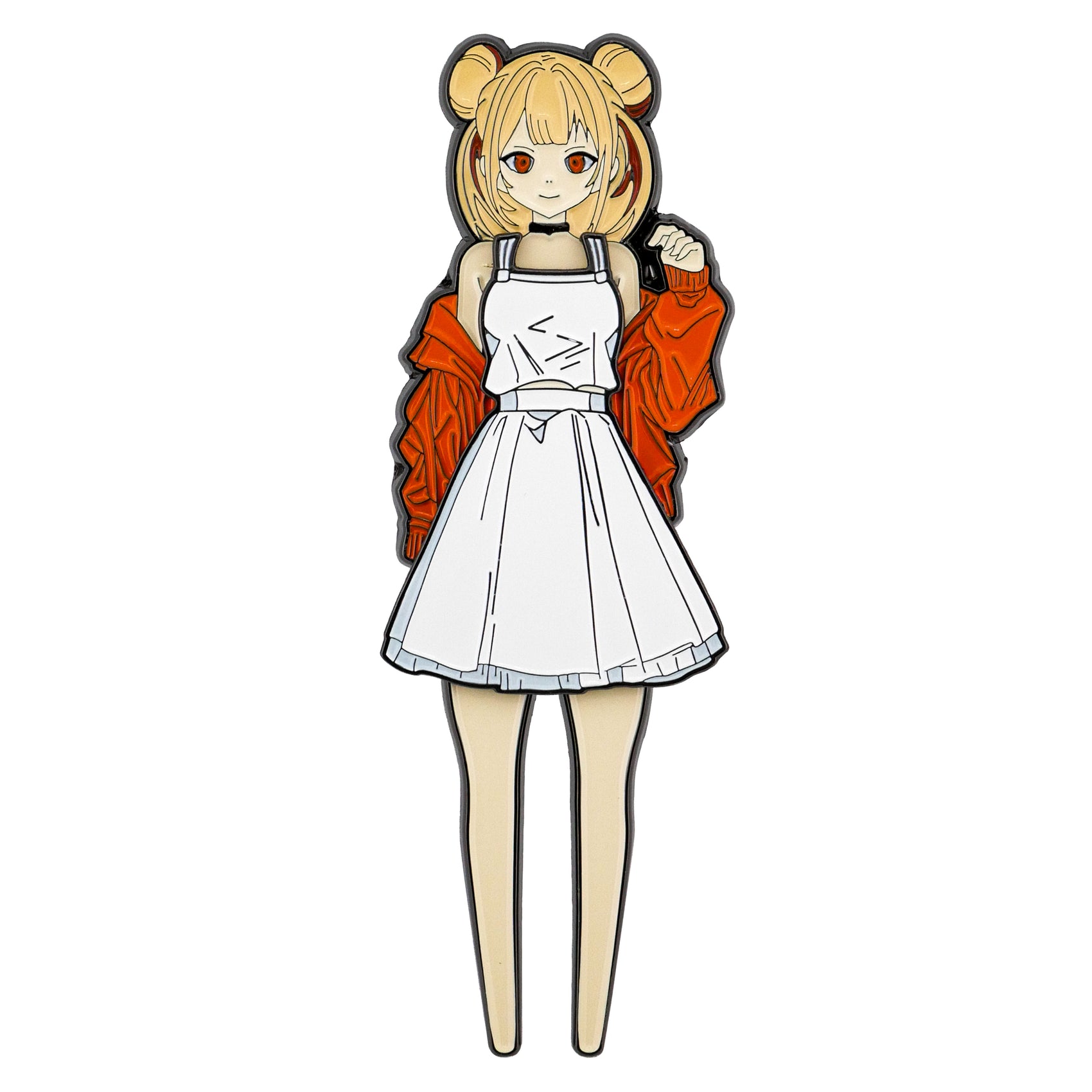 A Japanese anime girl with blonde double buns, in an orange jacket and white dress, raises her fist with a smile while holding Logie Joe's Golf Japanese Anime Girl Divot Tool—adding playful style on a plain white background.