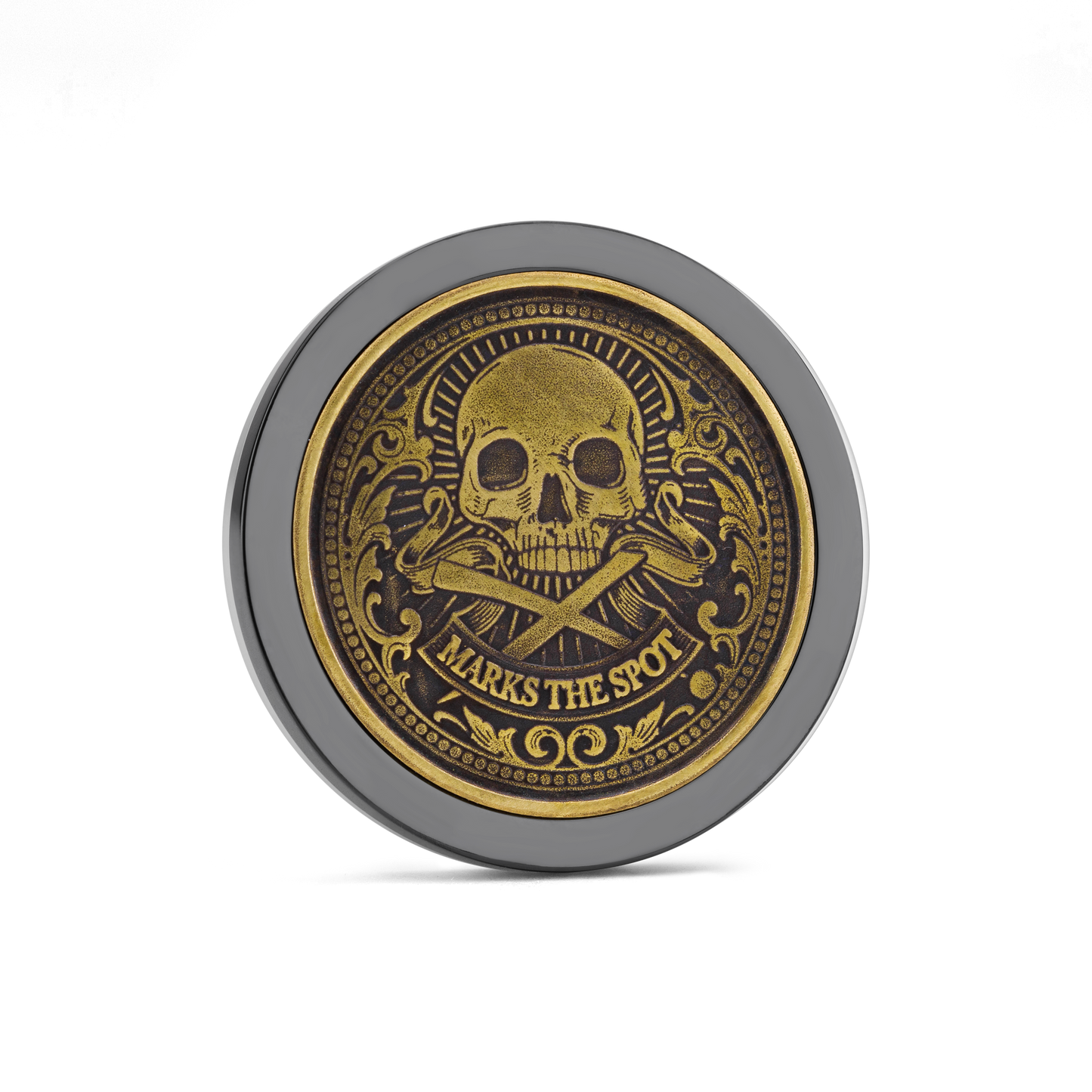 The Omen I by Doubloon is a gold and black titanium coin with an ornate skull and crossbones centerpiece, decorative patterns, and a “MARKS THE SPOT” banner, capturing the style of a classic doubloon.