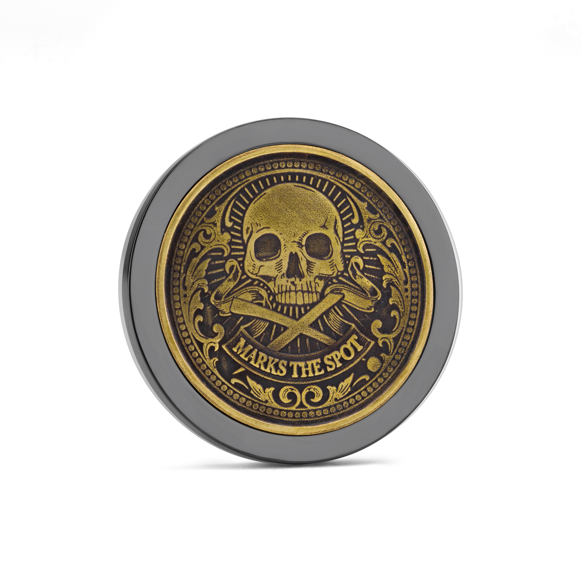 The Omen I by Doubloon is a gold and black titanium coin with an ornate skull and crossbones centerpiece, decorative patterns, and a “MARKS THE SPOT” banner, capturing the style of a classic doubloon.