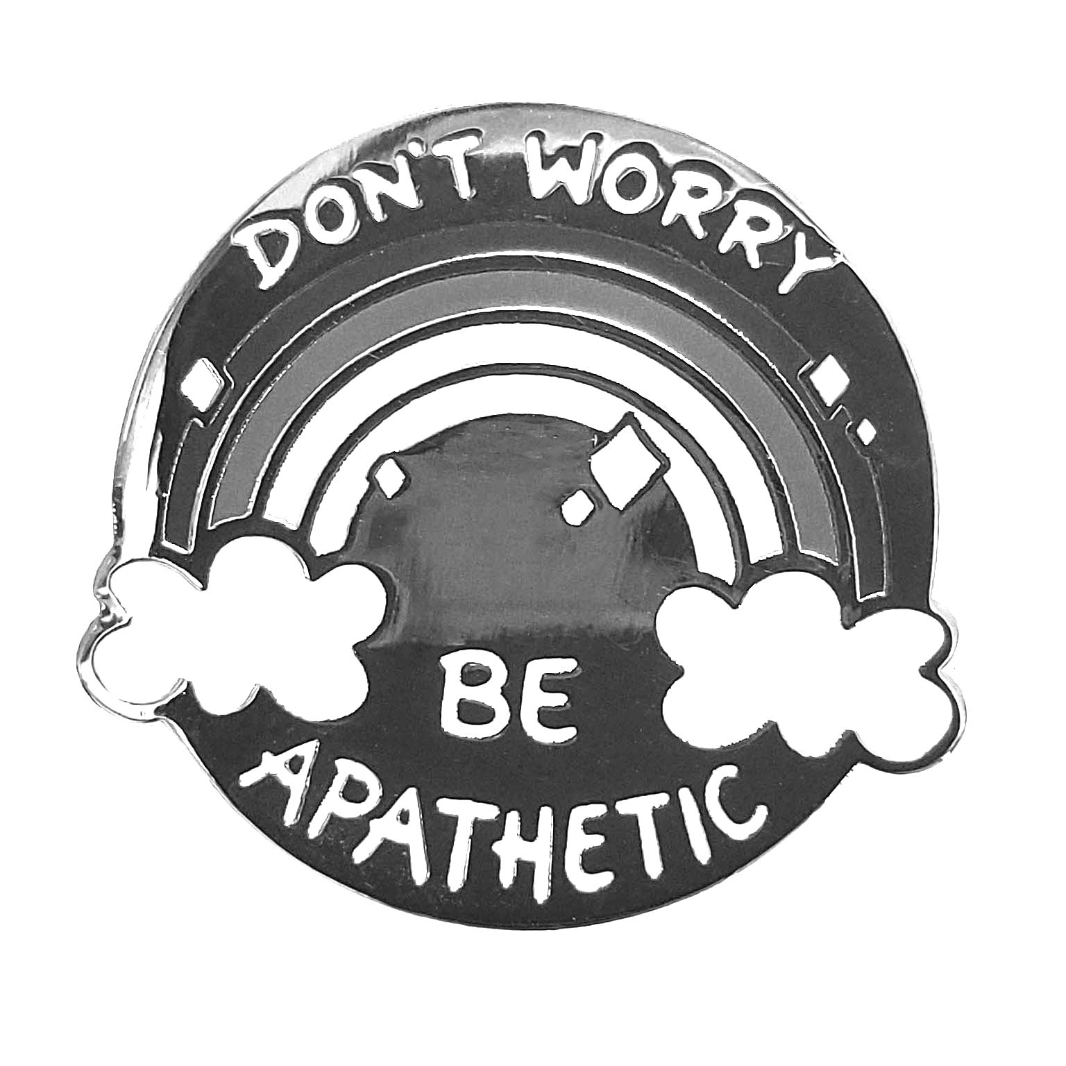 The Kolorspun "Don't Worry, Be Apathetic" Golf Ball Marker features a black and white enamel rainbow with clouds and playful text—perfect as a unique golf gift or fun marker on the course.