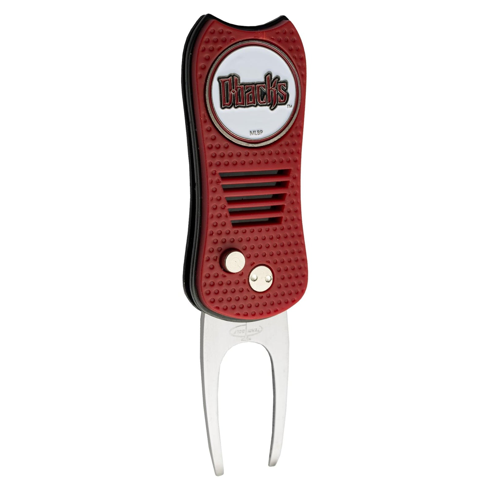 The MLB Switchfix Divot Tool with Ball Marker by MLB features a red and black design, textured grip, two metal prongs, a vented front with two metal buttons, and a magnetic ball marker showing the Chicks logo.