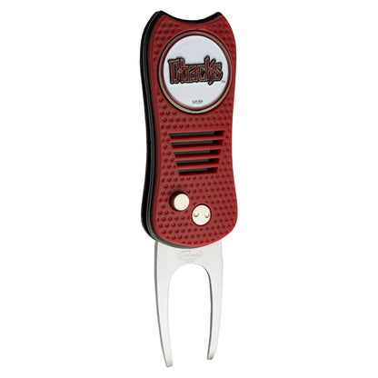 The MLB Switchfix Divot Tool with Ball Marker by MLB features a red and black design, textured grip, two metal prongs, a vented front with two metal buttons, and a magnetic ball marker showing the Chicks logo.