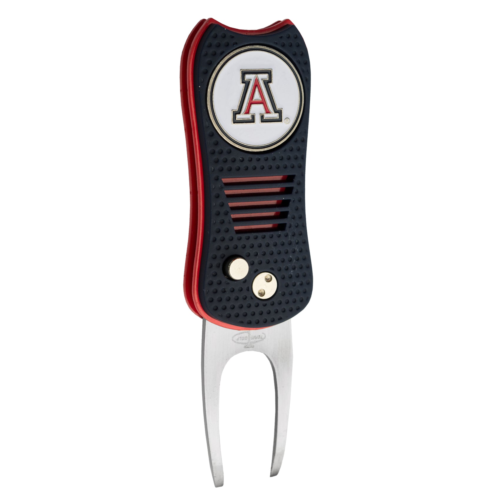 The Switchfix ACC College Switchfix Divot Tool with Ball Marker features a black and red handle, University of Arizona logo on top, two metal prongs, and a convenient magnetic ball marker for added functionality.