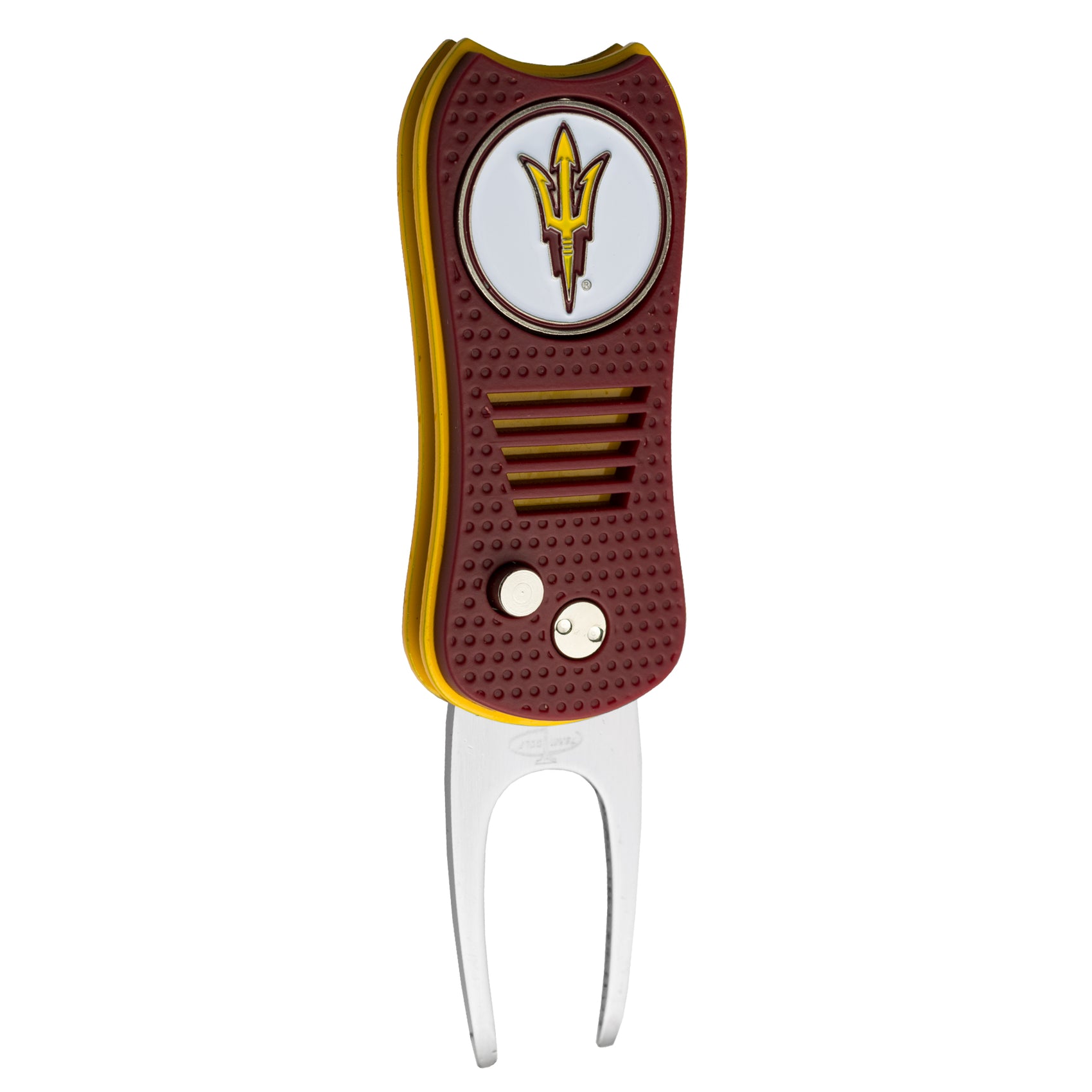 The ACC College Switchfix Divot Tool with Ball Marker by Switchfix features a maroon and yellow handle, silver fork, magnetic ball marker, and an Arizona State University pitchfork logo.