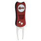 The Ballmarkers.com NHL Switchfix Divot Tool with Ball Marker features a round Coyotes logo, textured grip, magnetic ball marker, and dual metal prongs with a switchblade mechanism in red and black.