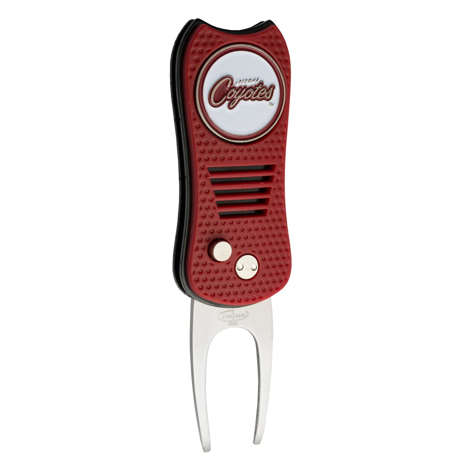 The Ballmarkers.com NHL Switchfix Divot Tool with Ball Marker features a round Coyotes logo, textured grip, magnetic ball marker, and dual metal prongs with a switchblade mechanism in red and black.