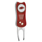 The Switchfix ACC College Switchfix Divot Tool with Ball Marker features a red and silver design, textured grip, switchblade mechanism with two buttons, a University of Arkansas Razorbacks logo on top, and a magnetic ball marker.